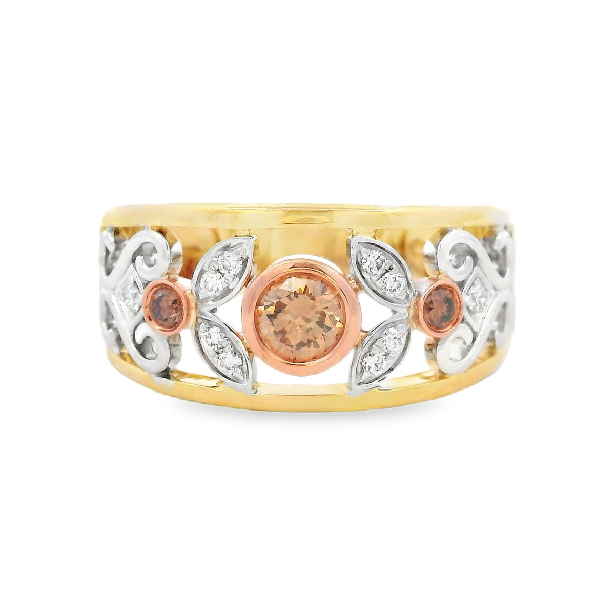 9ct Yellow, White and Rose Gold Cognac and White Diamond Ring