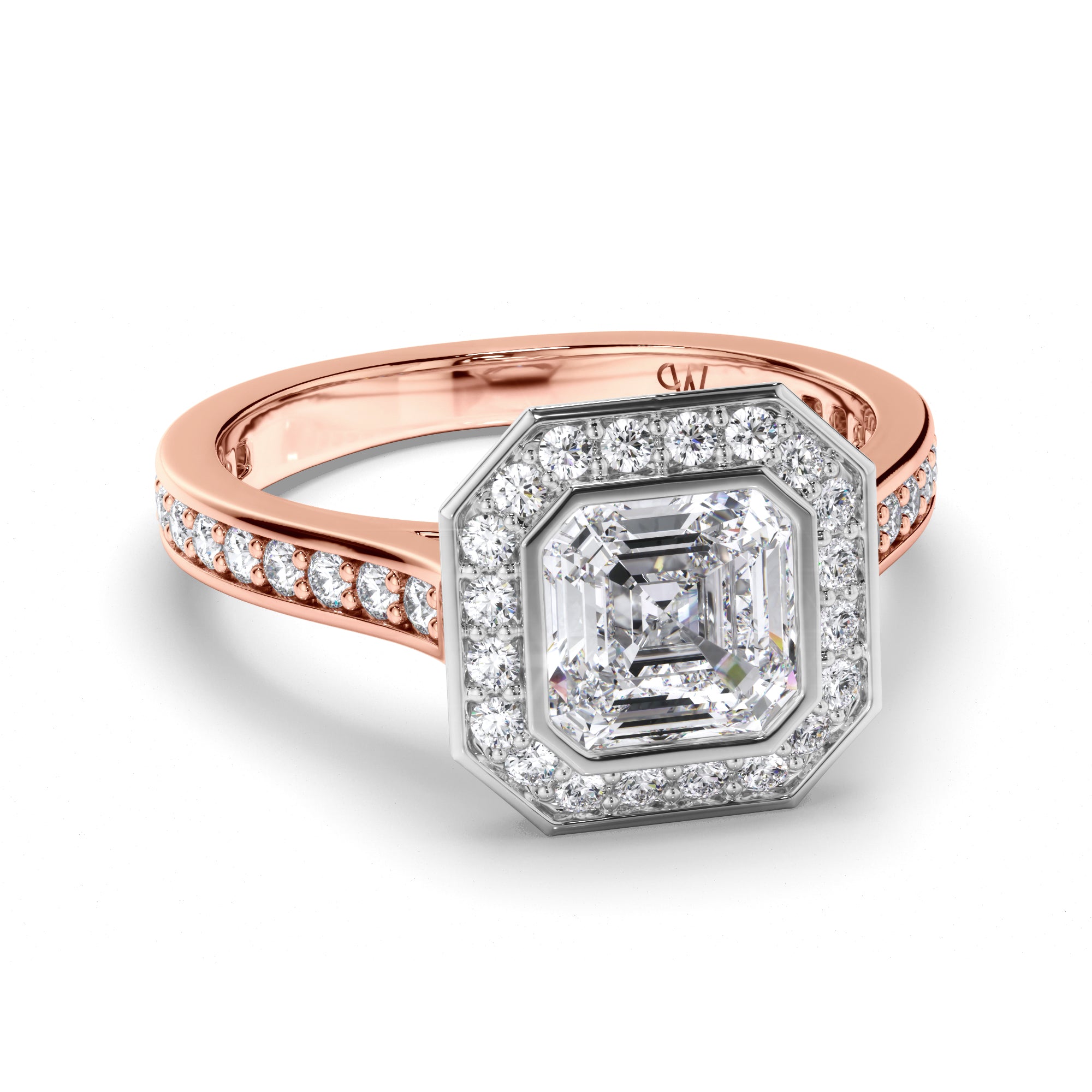 Asscher Diamond Engagement Ring with Bead Set Halo and Diamond Band