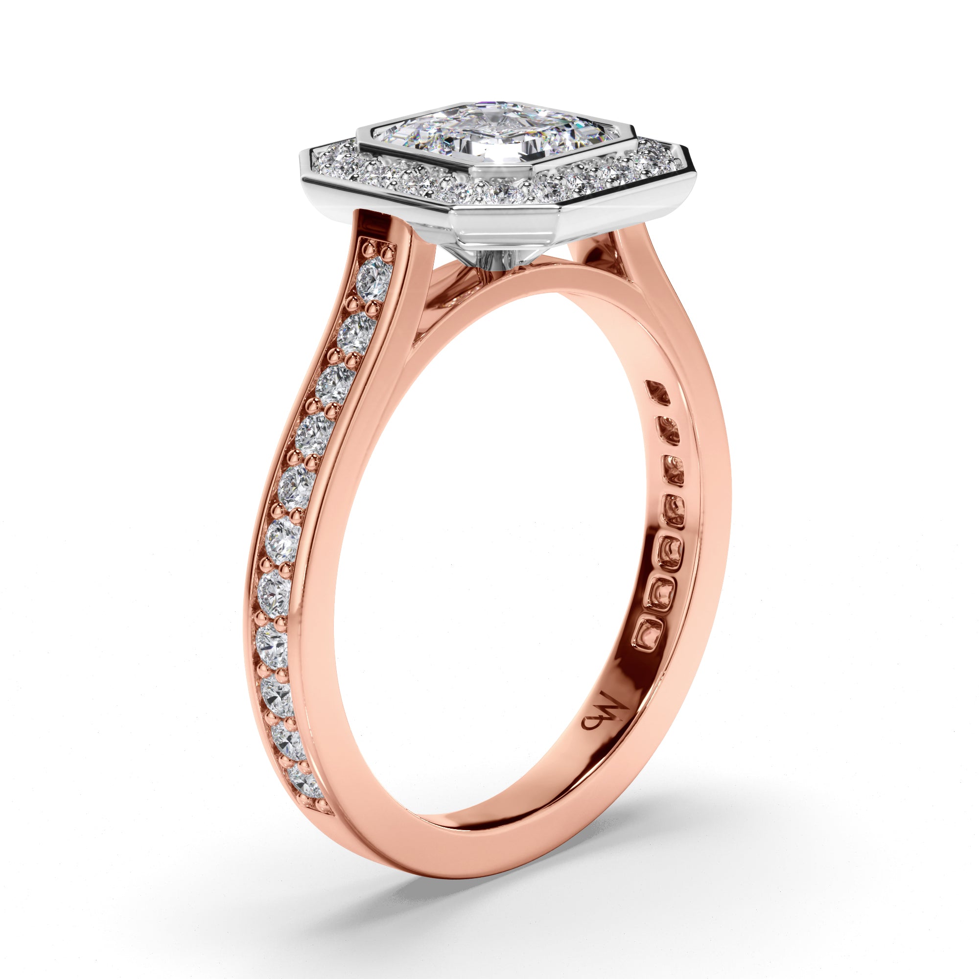 Asscher Diamond Engagement Ring with Bead Set Halo and Diamond Band
