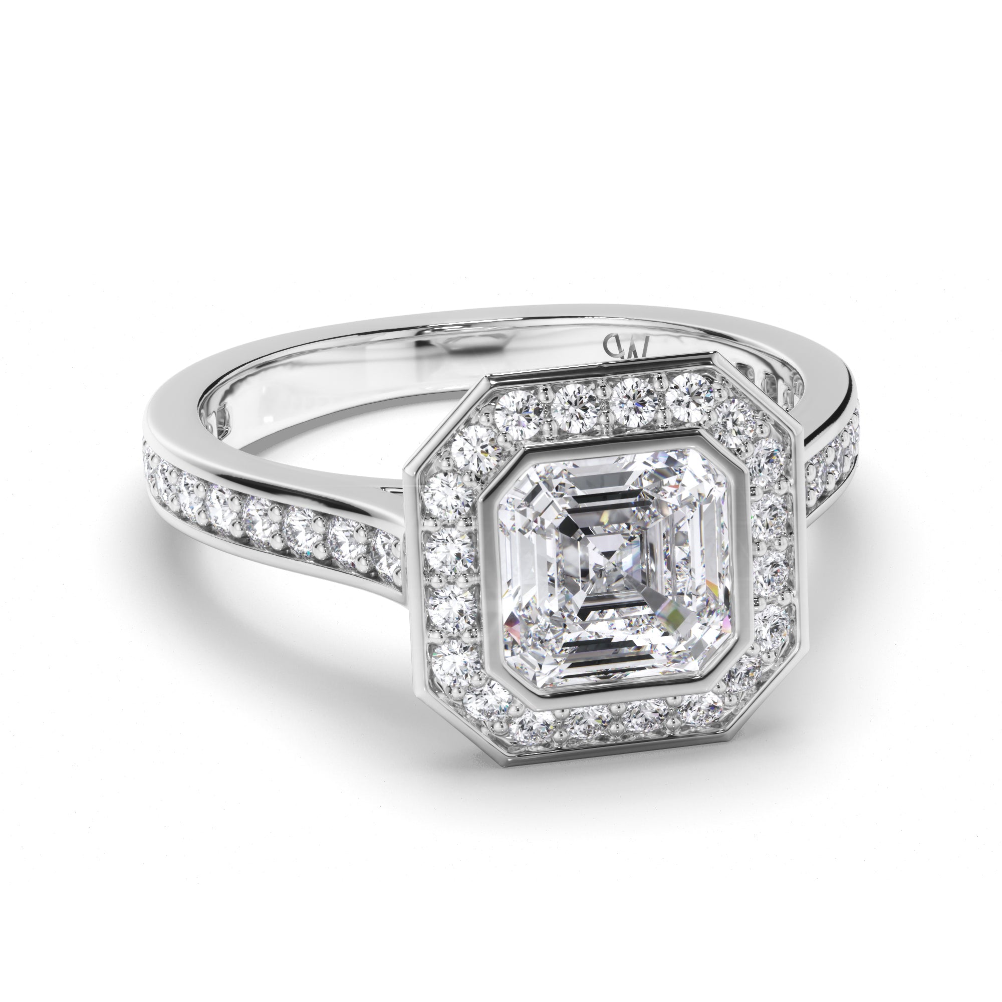Asscher Diamond Engagement Ring with Bead Set Halo and Diamond Band