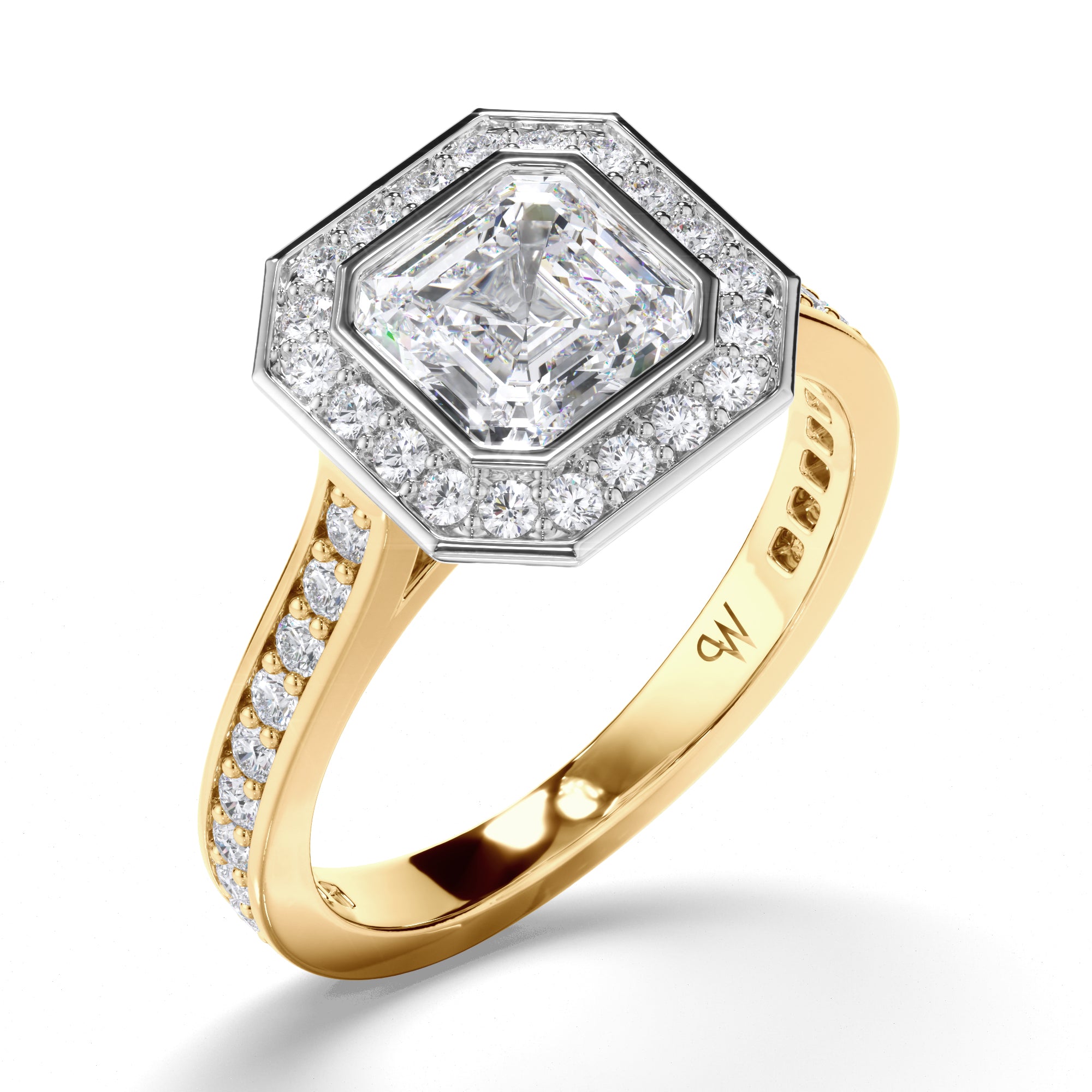 Asscher Diamond Engagement Ring with Bead Set Halo and Diamond Band