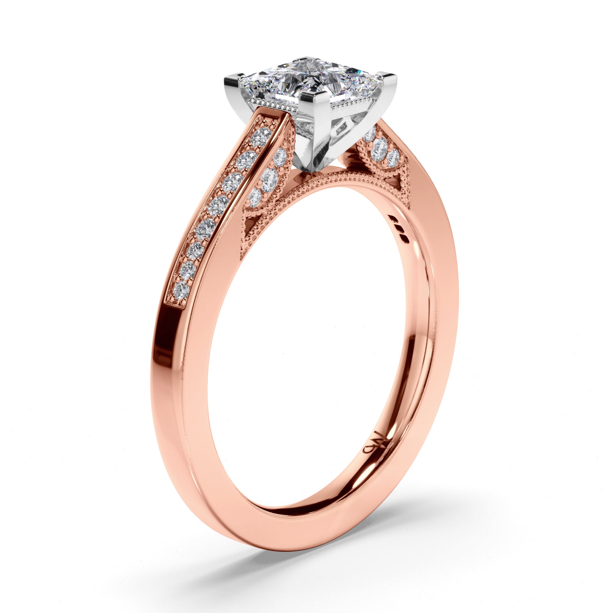Princess Cut Diamond Engagement Ring with Milgrain Details and Bead Set Band