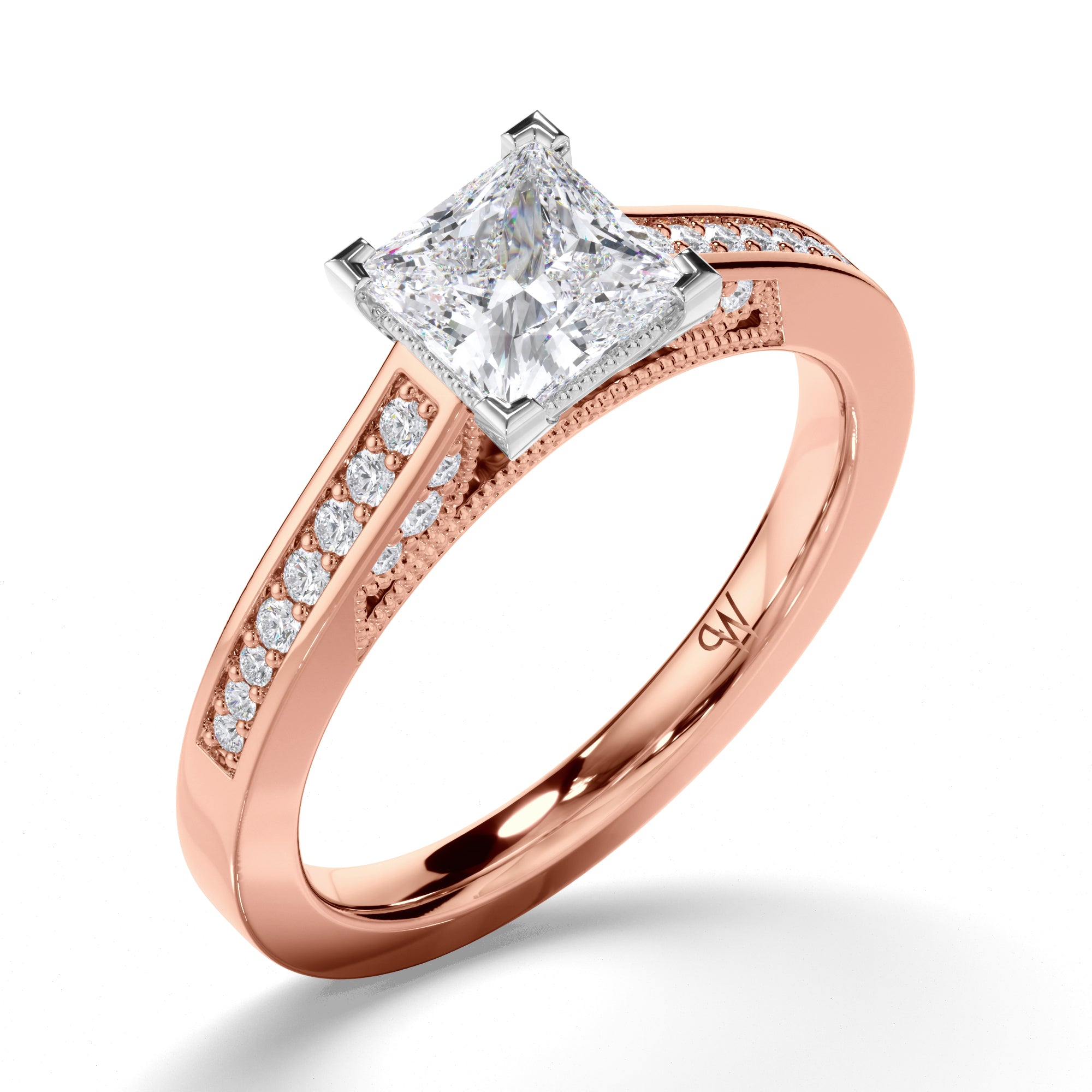Princess Cut Diamond Engagement Ring with Milgrain Details and Bead Set Band