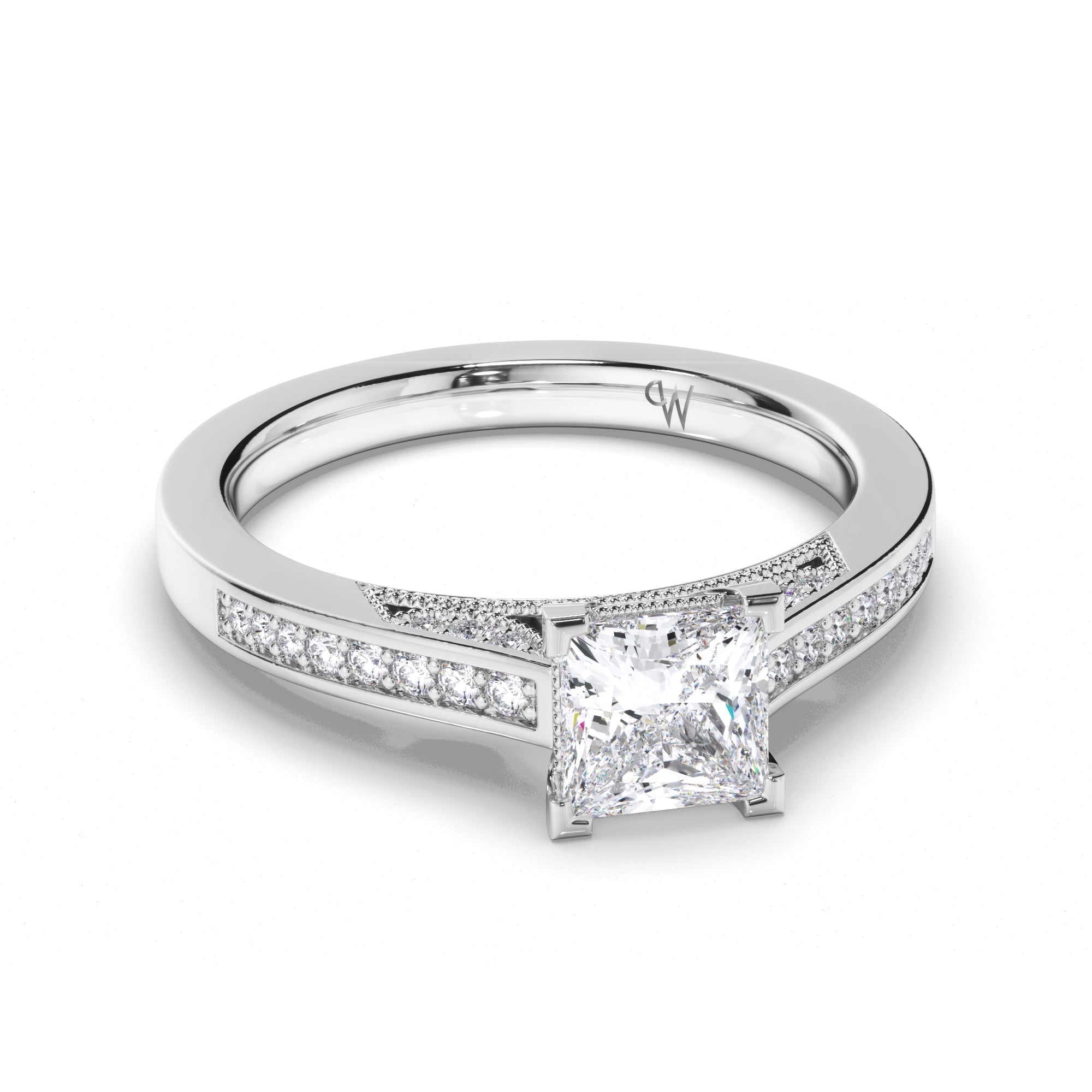 Princess Cut Diamond Engagement Ring with Milgrain Details and Bead Set Band