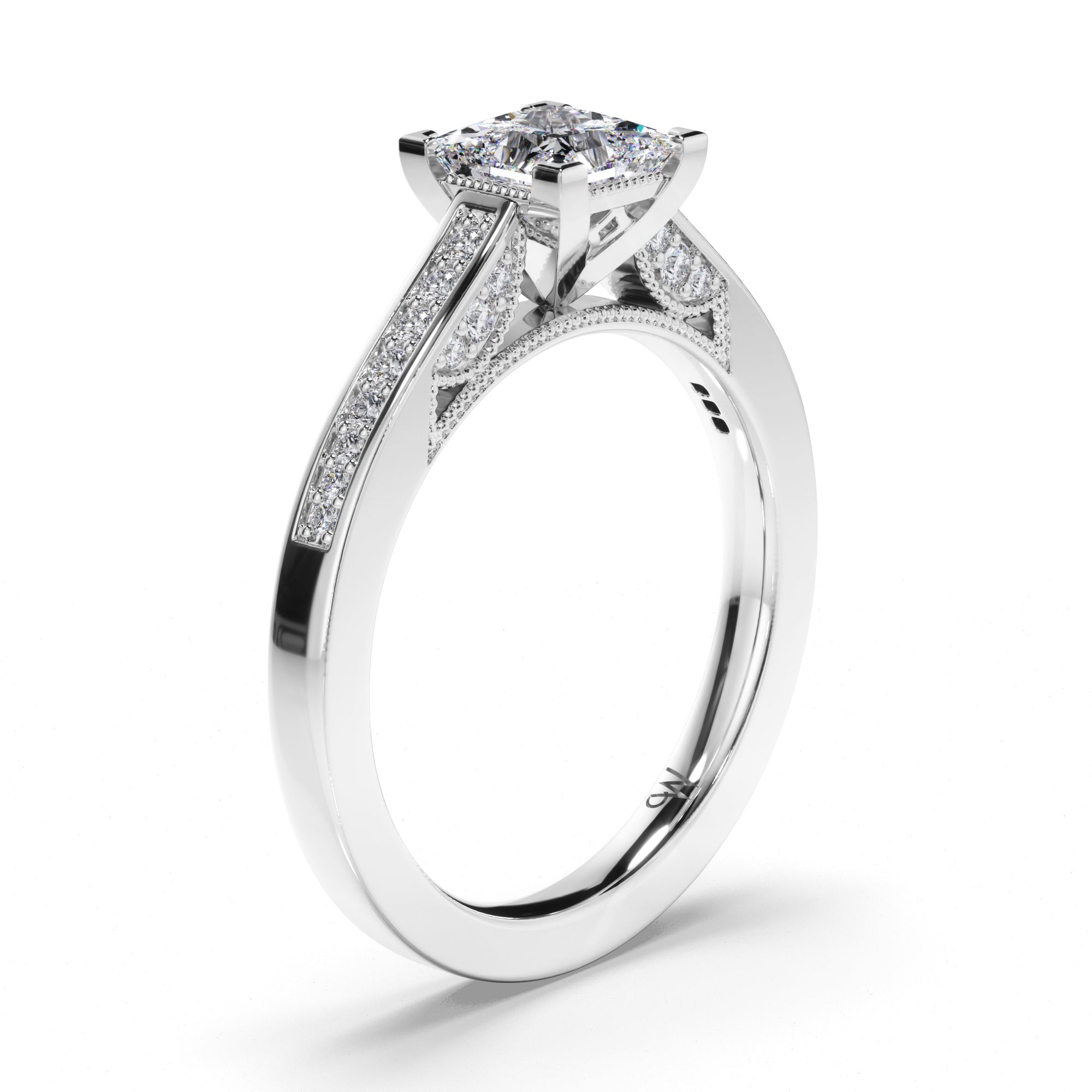Princess Cut Diamond Engagement Ring with Milgrain Details and Bead Set Band
