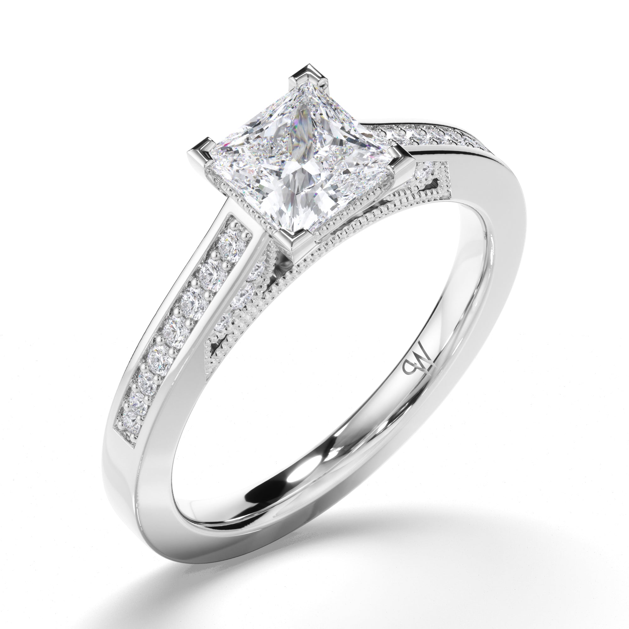 Princess Cut Diamond Engagement Ring with Milgrain Details and Bead Set Band