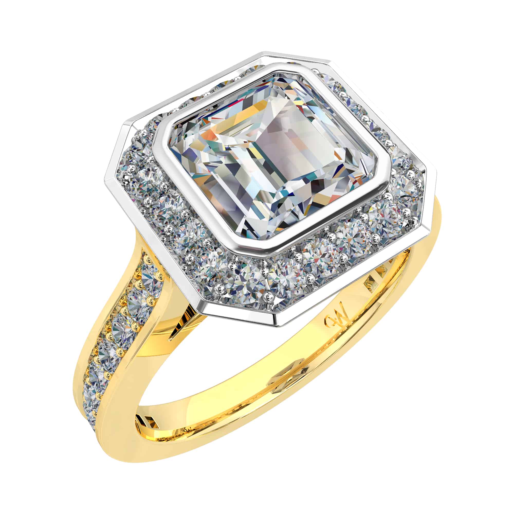 Asscher Diamond Engagement Ring with Bead Set Halo and Diamond Band