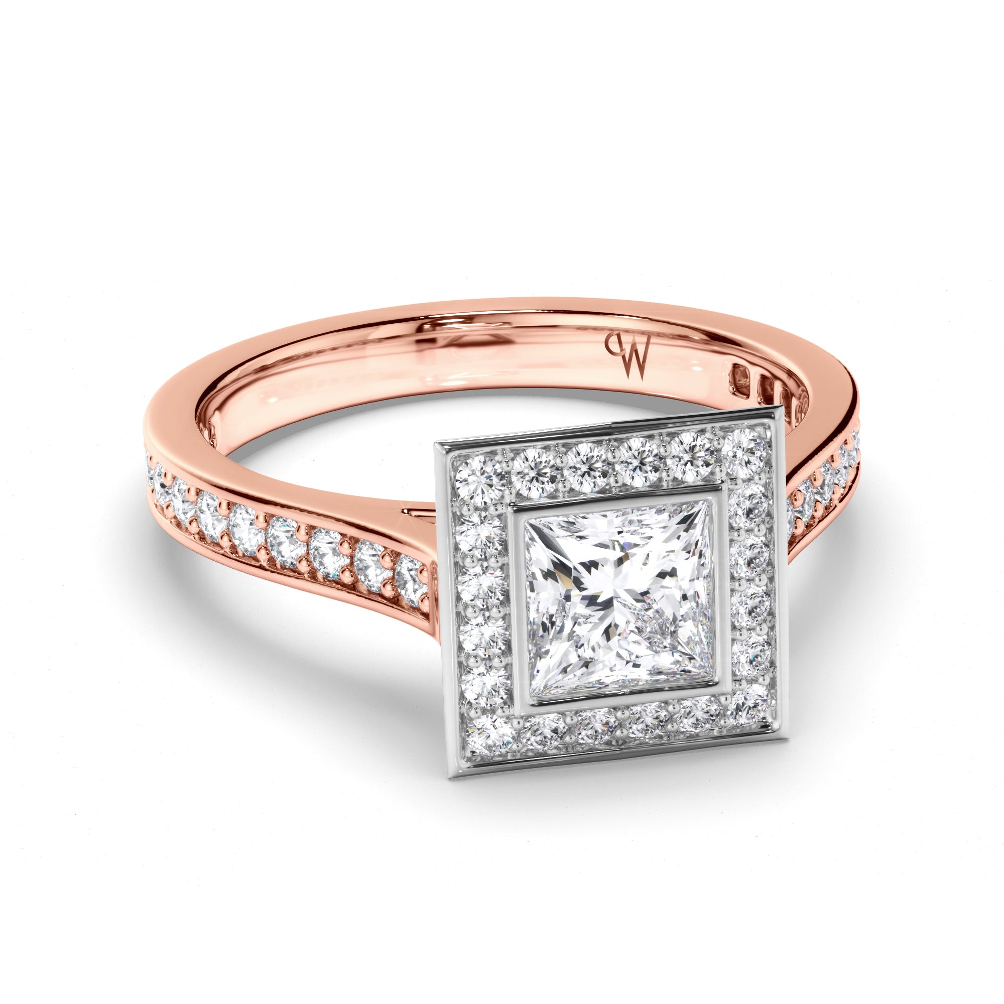 Princess Cut Diamond Engagement Ring with Bead Set Halo and Band