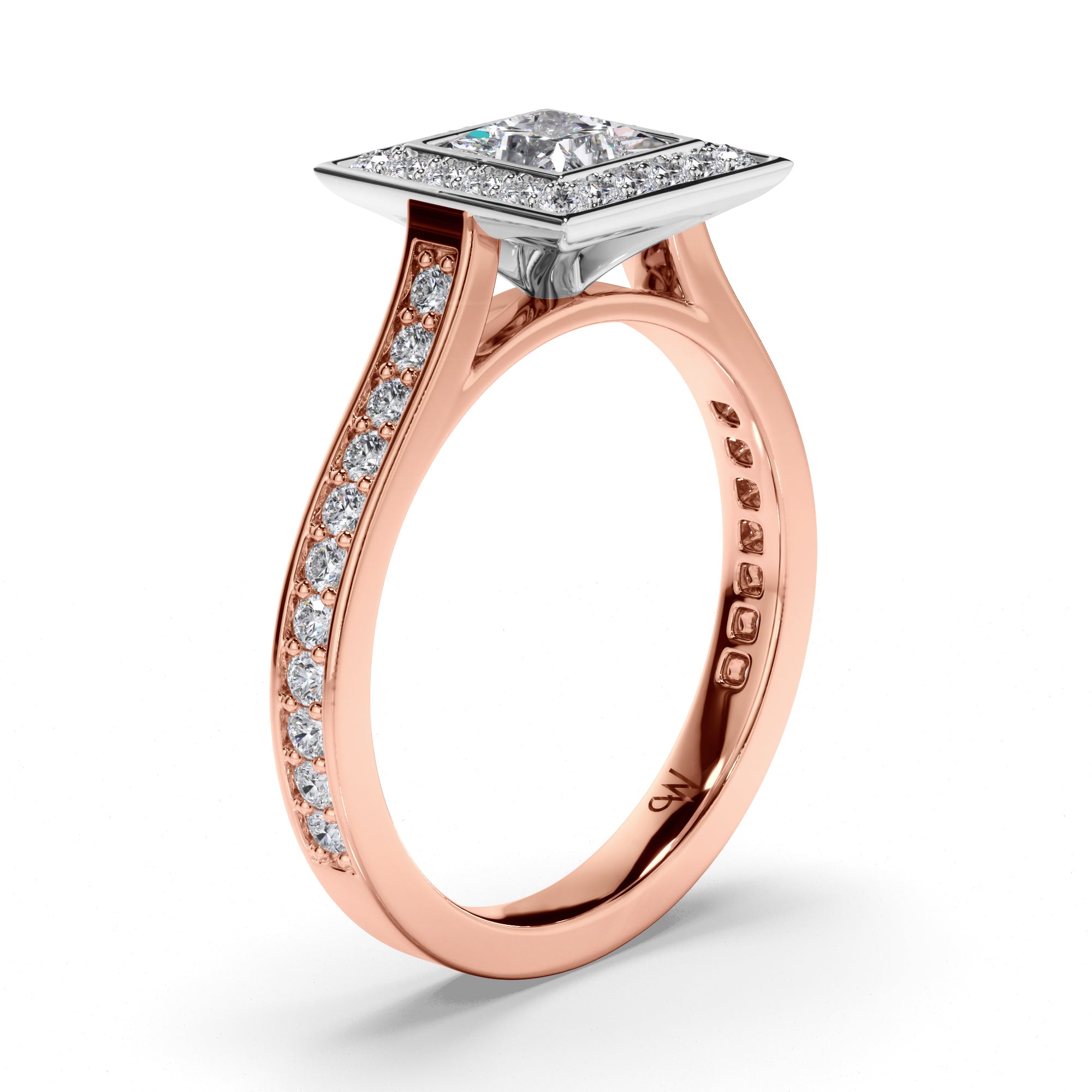Princess Cut Diamond Engagement Ring with Bead Set Halo and Band