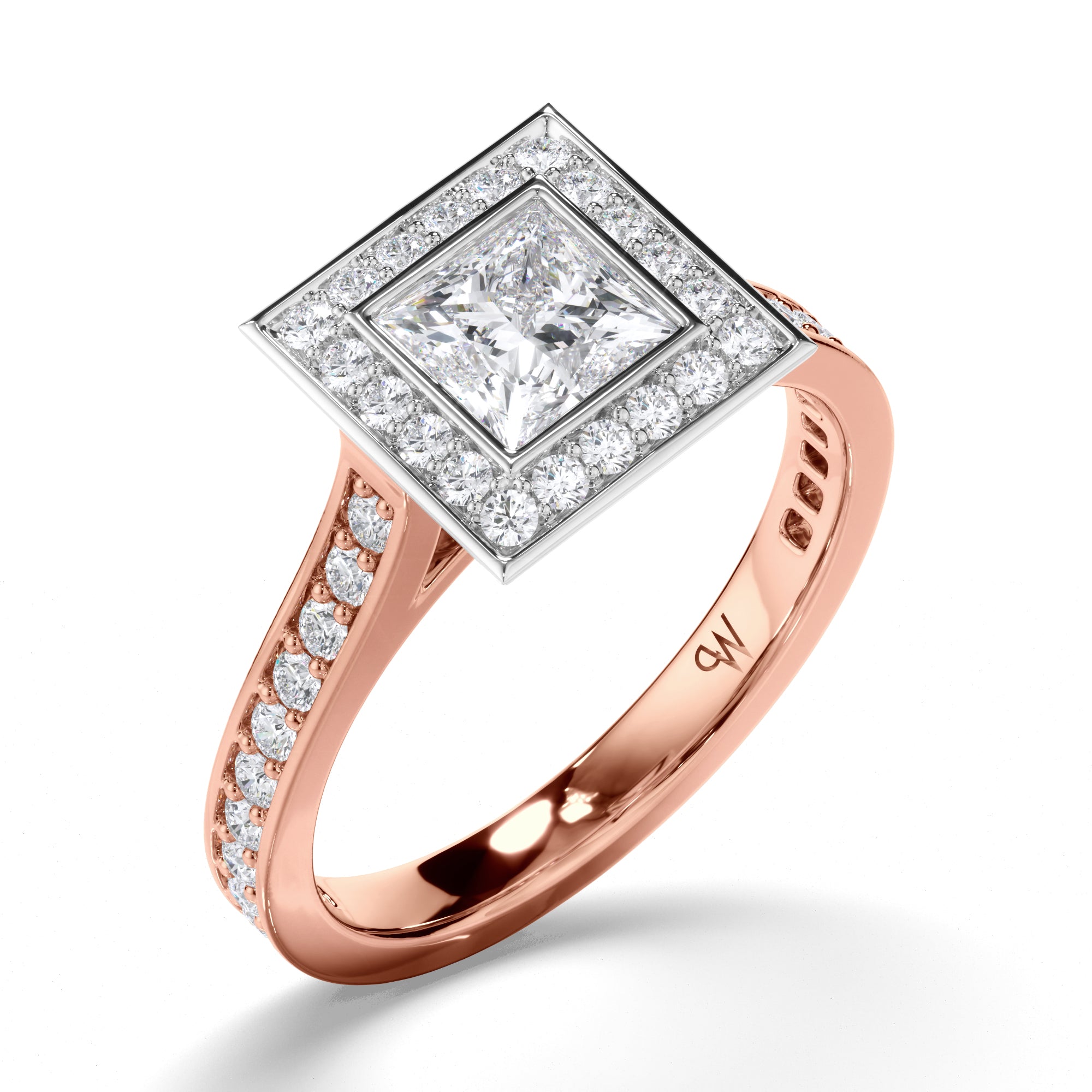 Princess Cut Diamond Engagement Ring with Bead Set Halo and Band