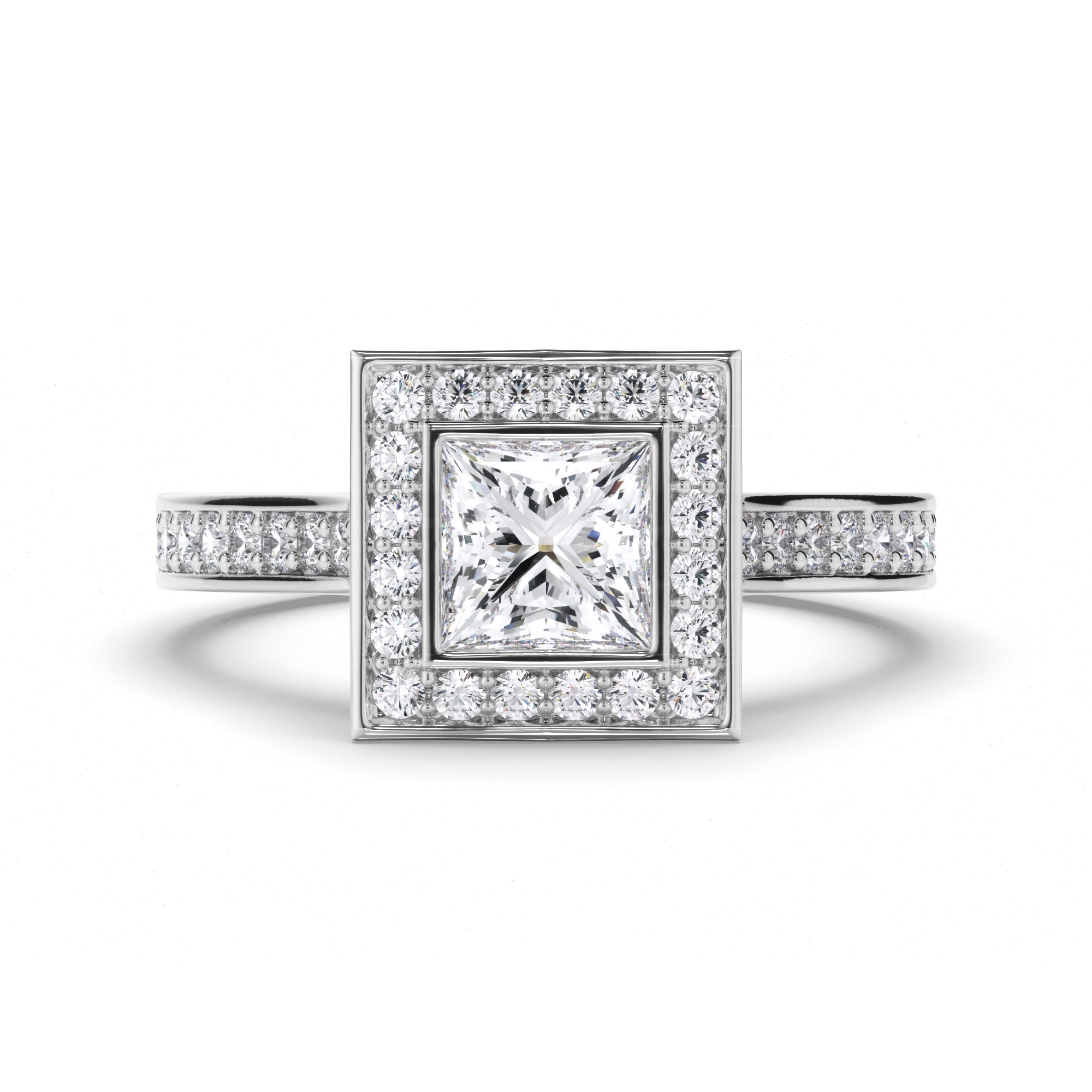 Princess Cut Diamond Engagement Ring with Bead Set Halo and Band