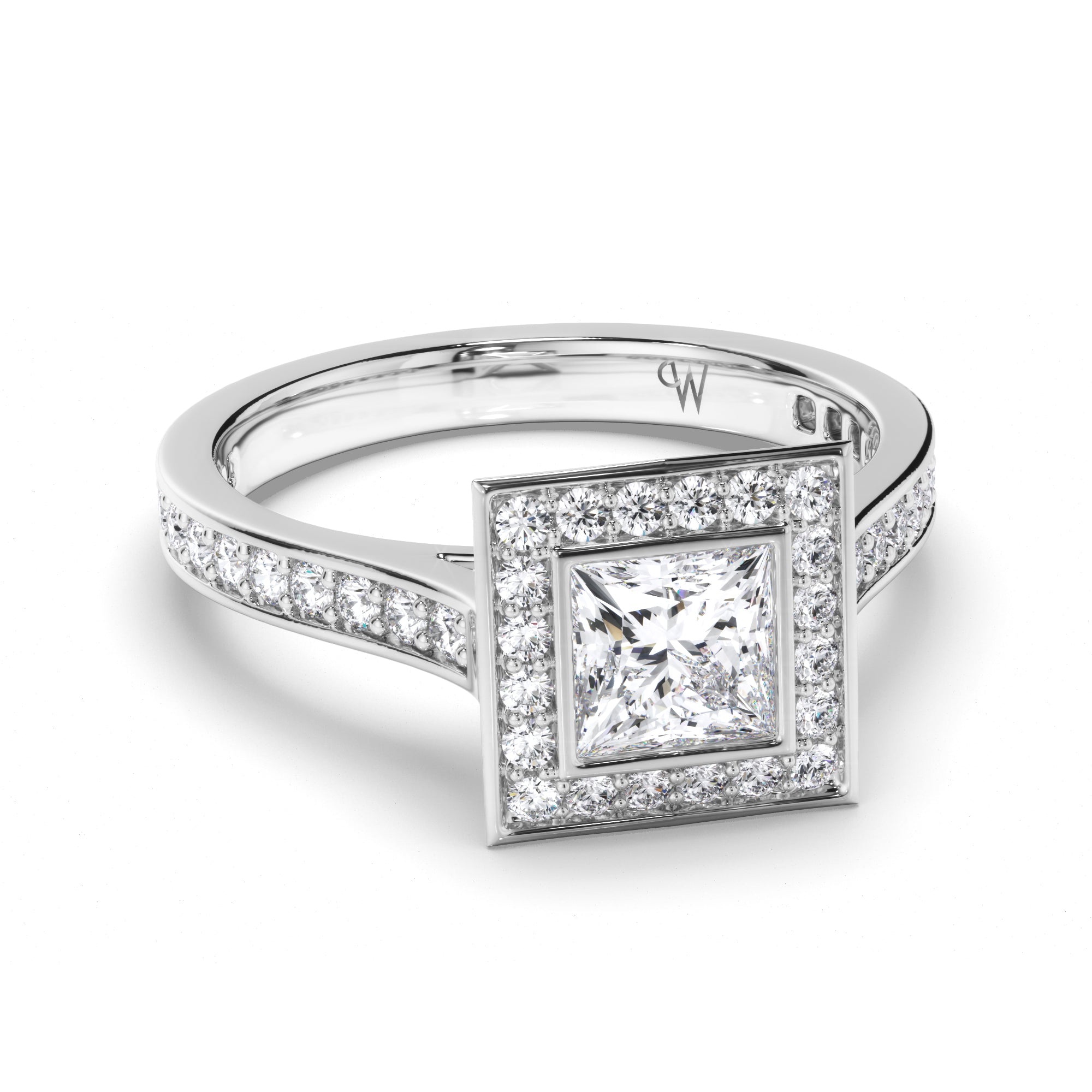 Princess Cut Diamond Engagement Ring with Bead Set Halo and Band