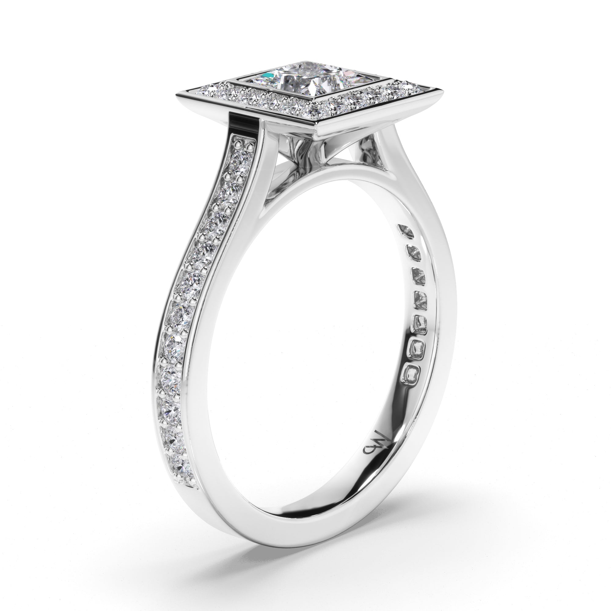 Princess Cut Diamond Engagement Ring with Bead Set Halo and Band