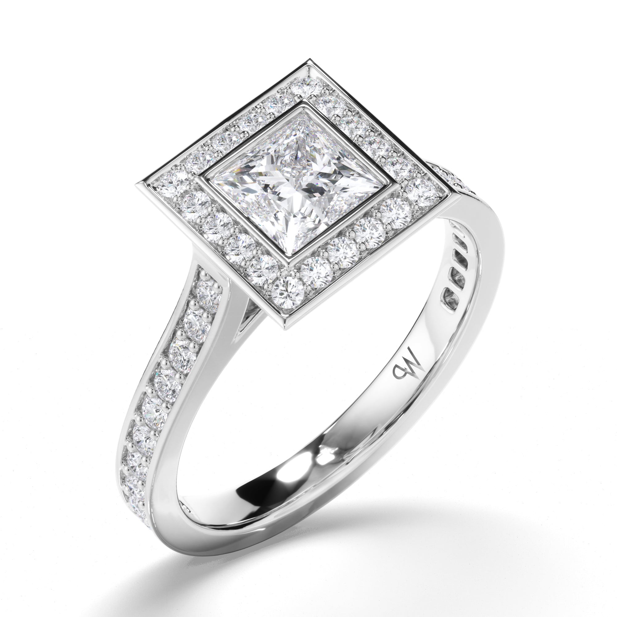 Princess Cut Diamond Engagement Ring with Bead Set Halo and Band