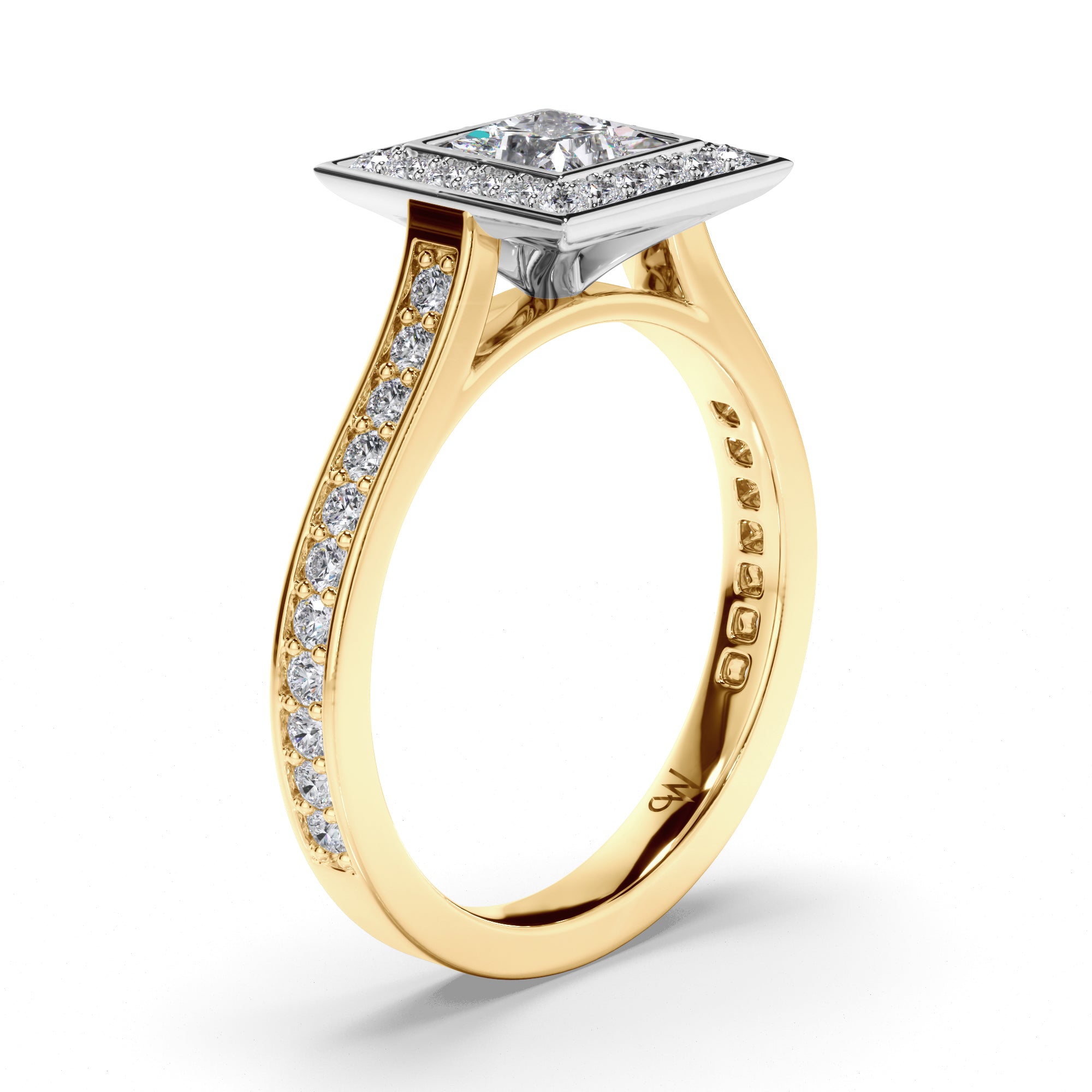 Princess Cut Diamond Engagement Ring with Bead Set Halo and Band