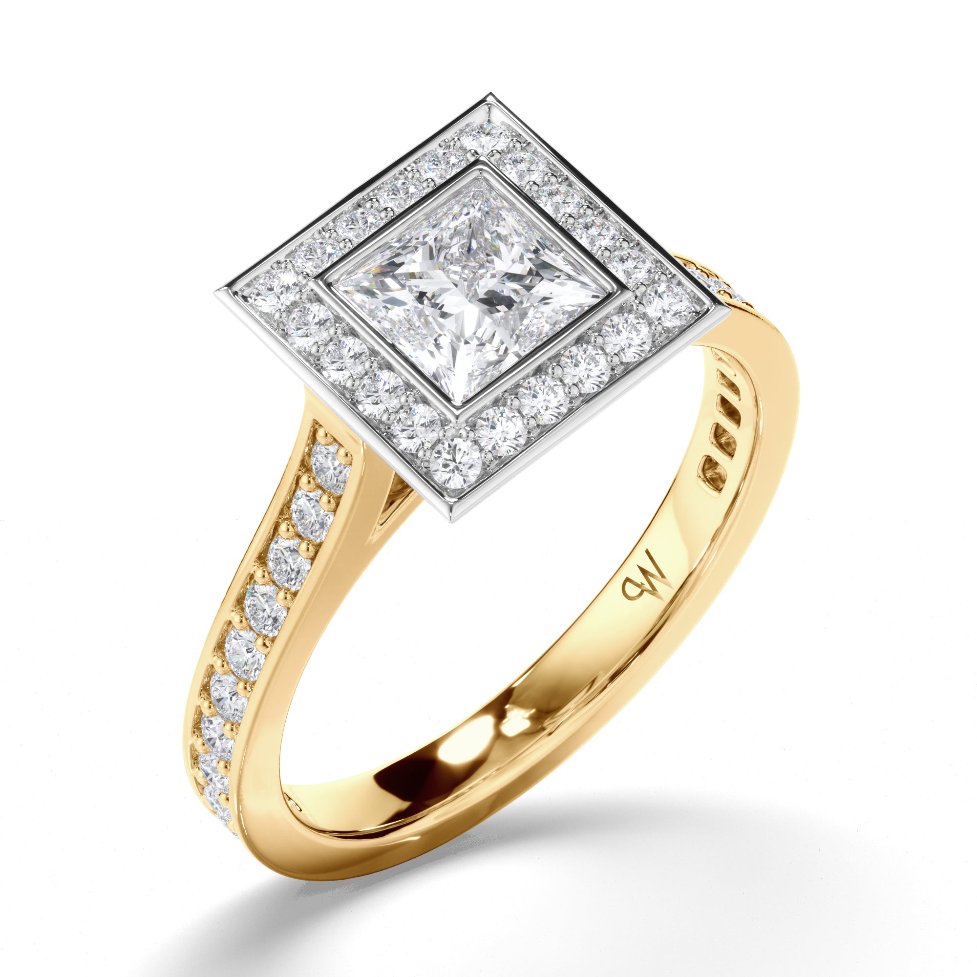 Princess Cut Diamond Engagement Ring with Bead Set Halo and Band