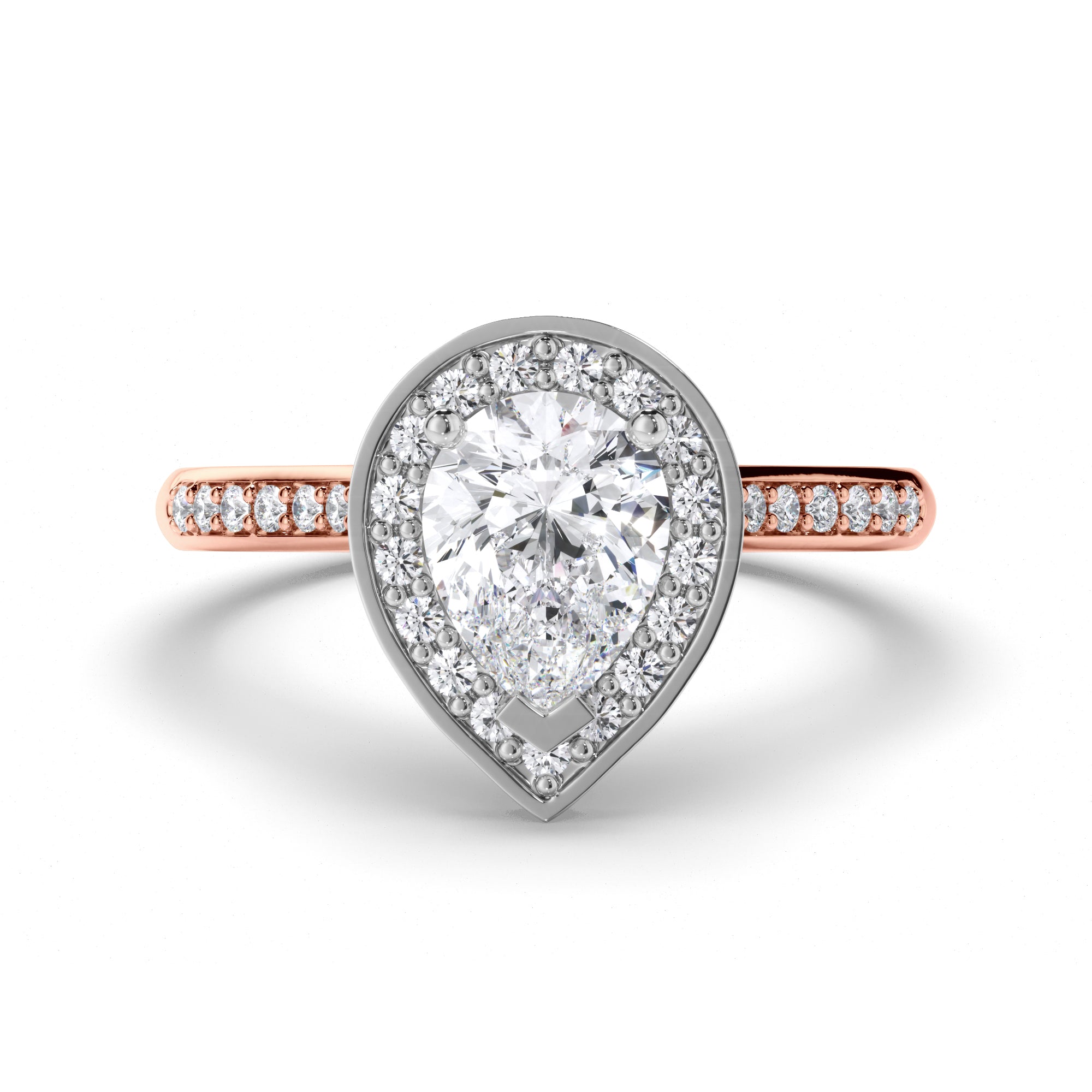 Pear Diamond Engagement Ring with Bead Set Diamond Halo and Band
