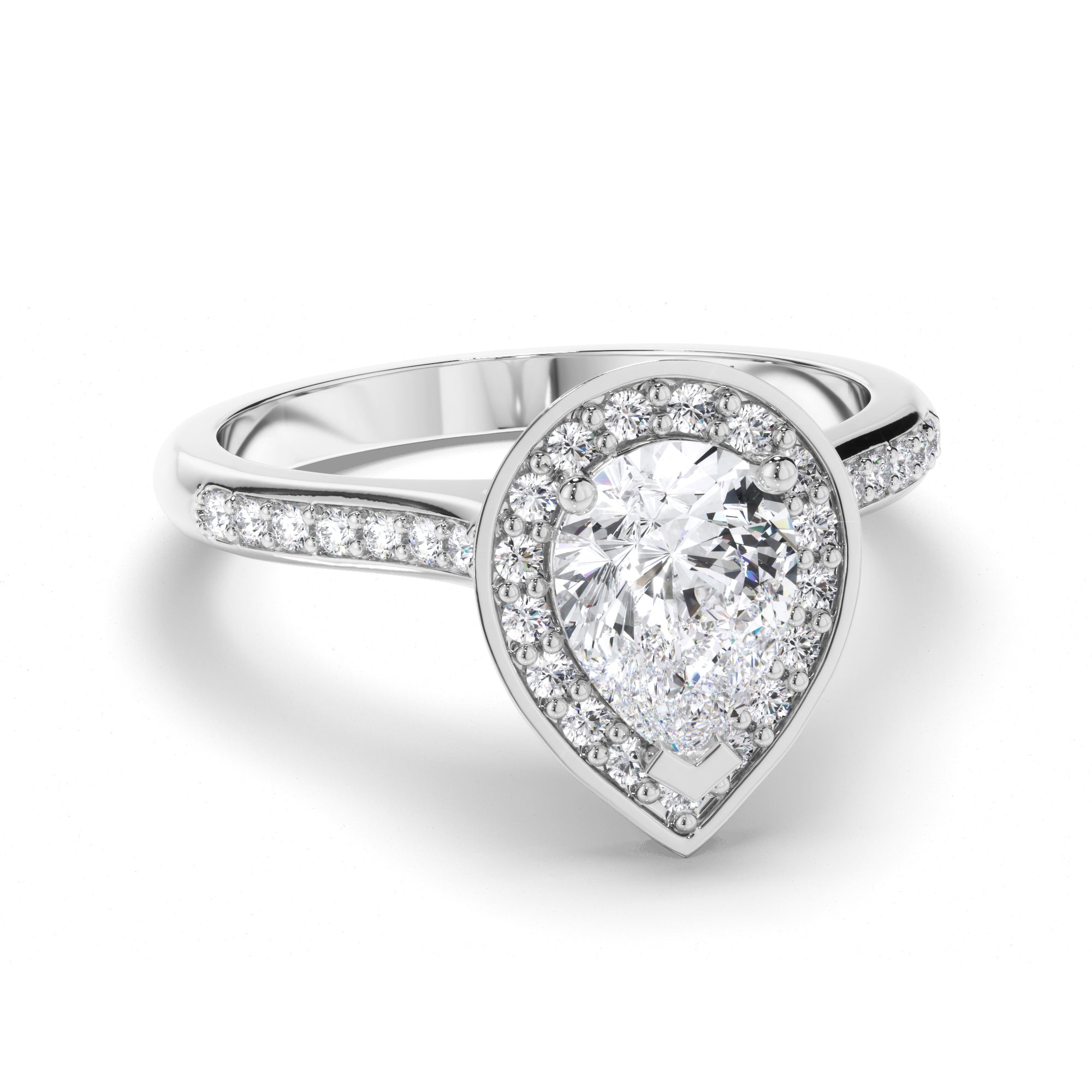 Pear Diamond Engagement Ring with Bead Set Diamond Halo and Band
