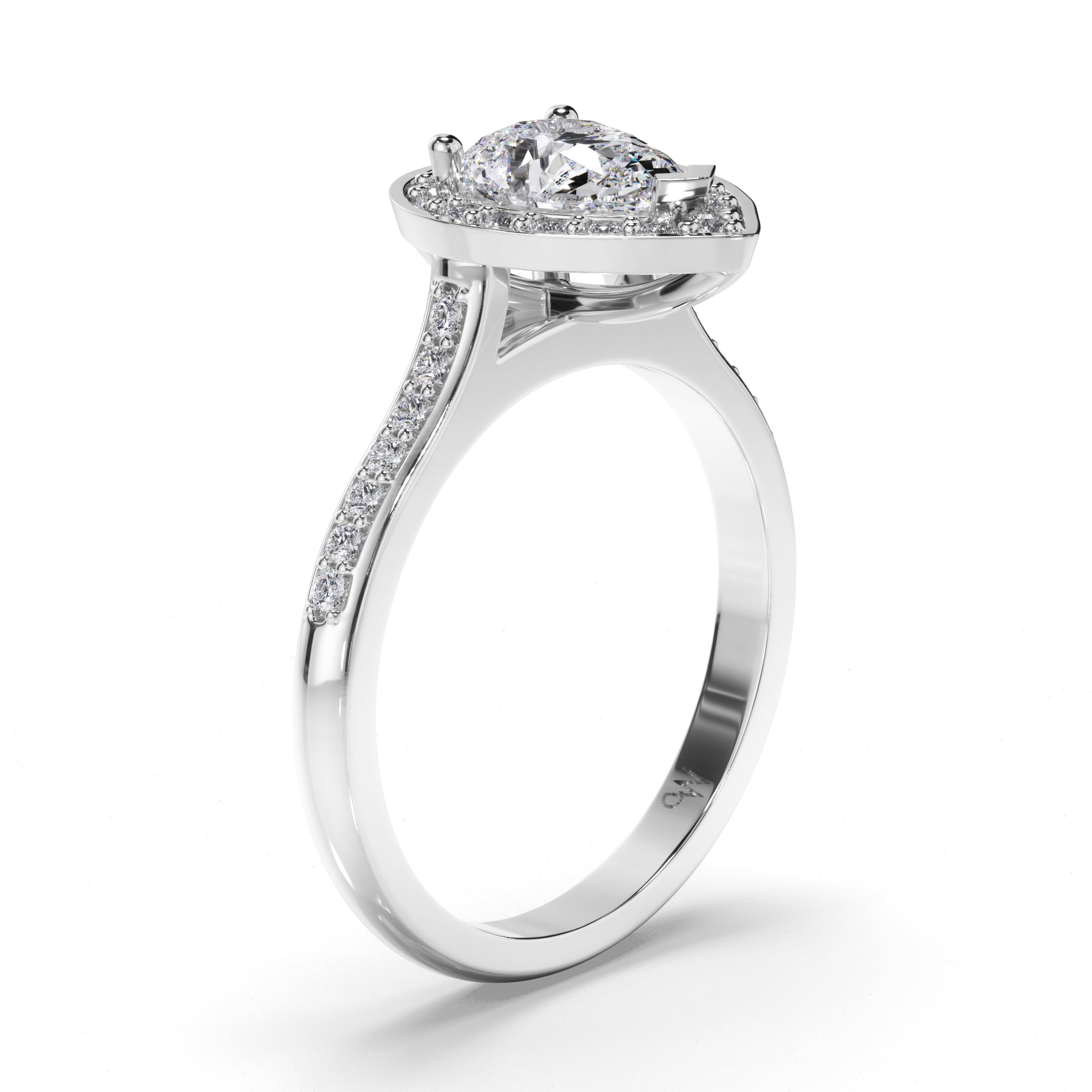 Pear Diamond Engagement Ring with Bead Set Diamond Halo and Band