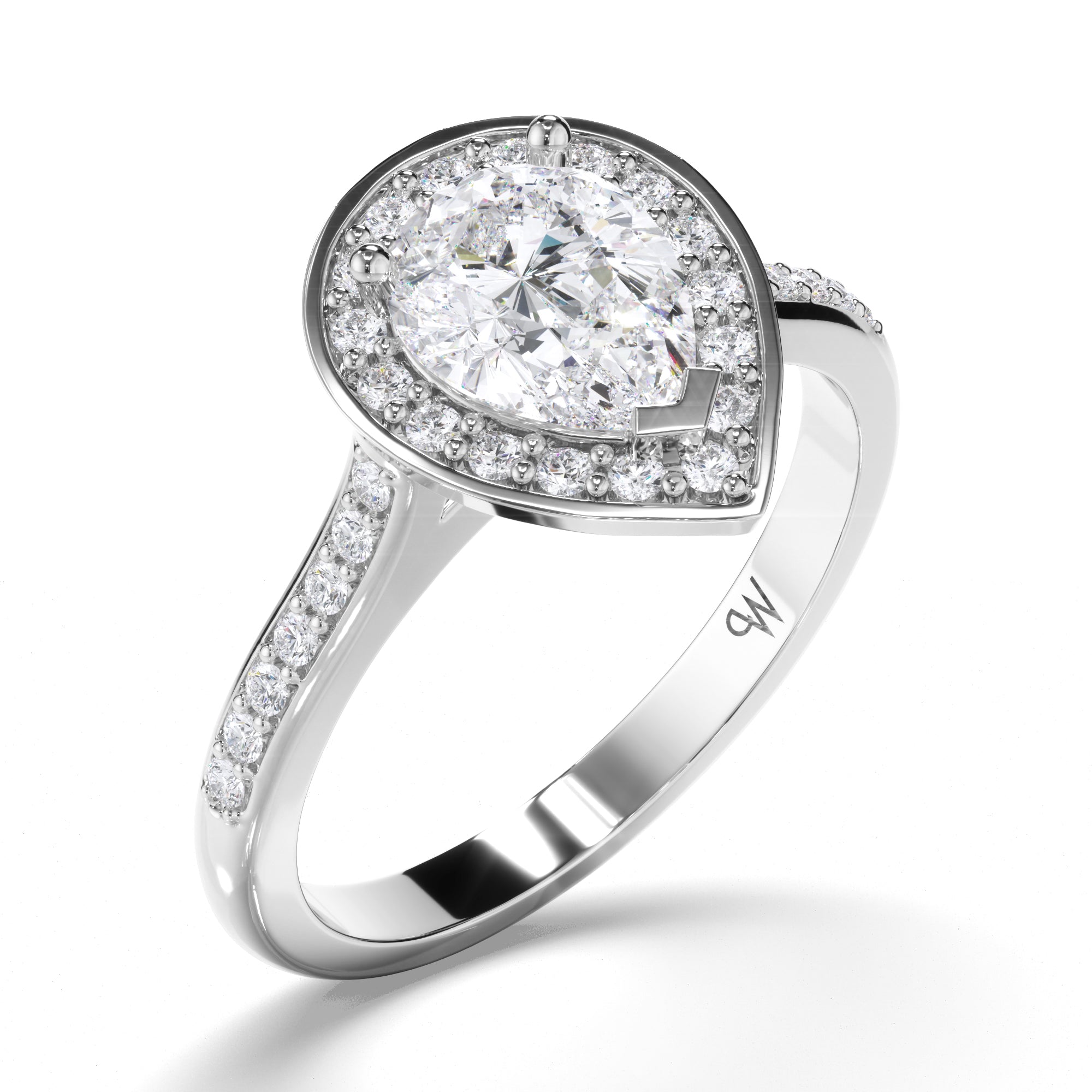 Pear Diamond Engagement Ring with Bead Set Diamond Halo and Band