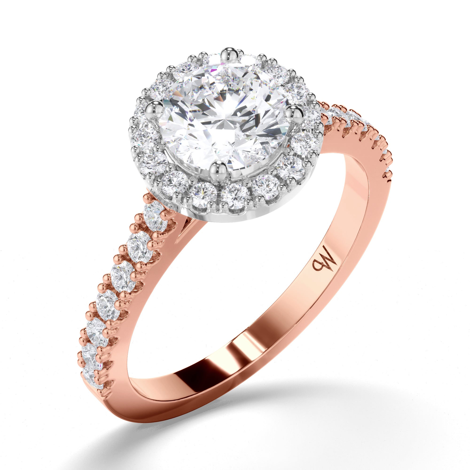 Round Diamond Engagement Ring with Cut Claw Halo and Band