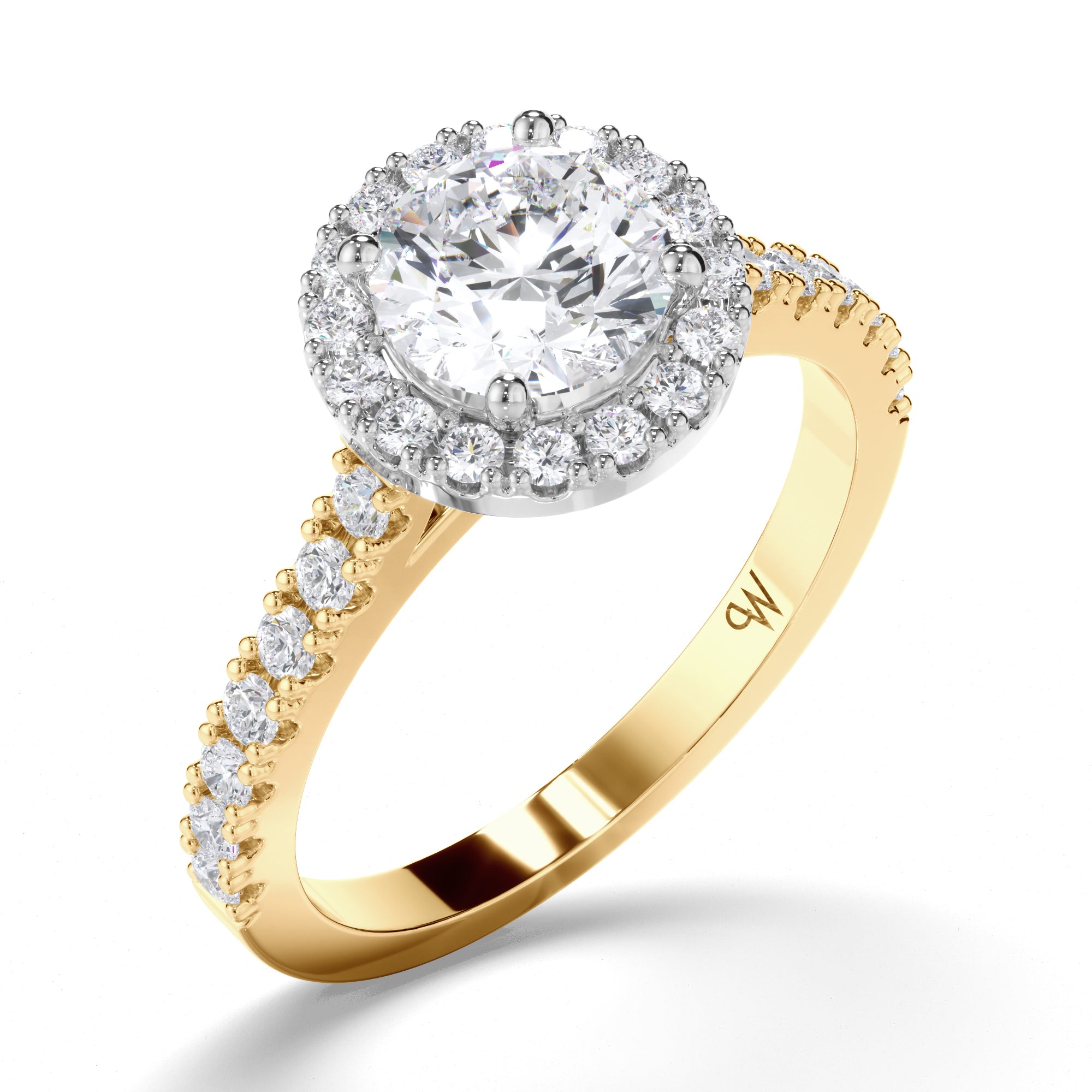 Round Diamond Engagement Ring with Cut Claw Halo and Band