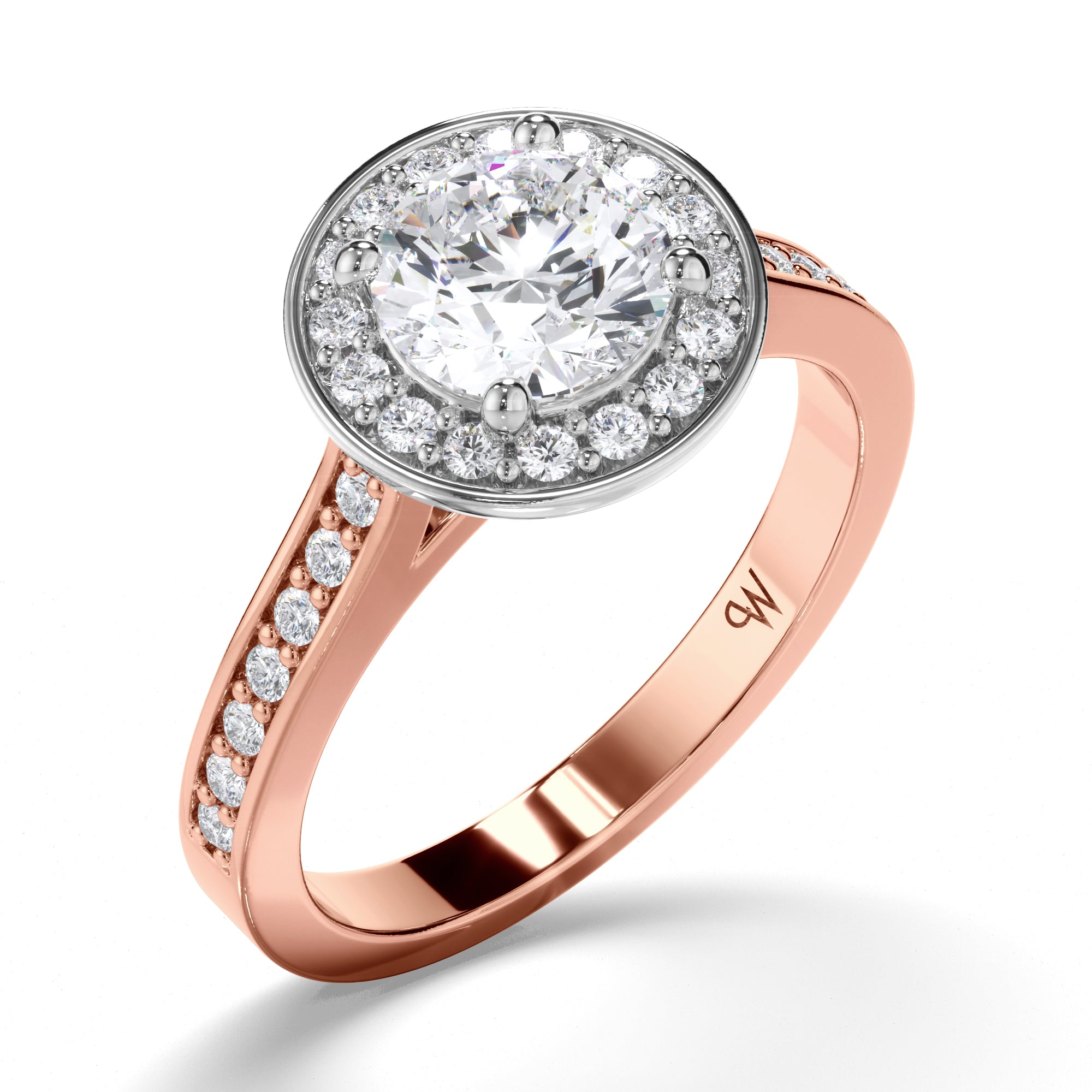 Round Diamond Engagement Ring with Bead Set Halo and Band