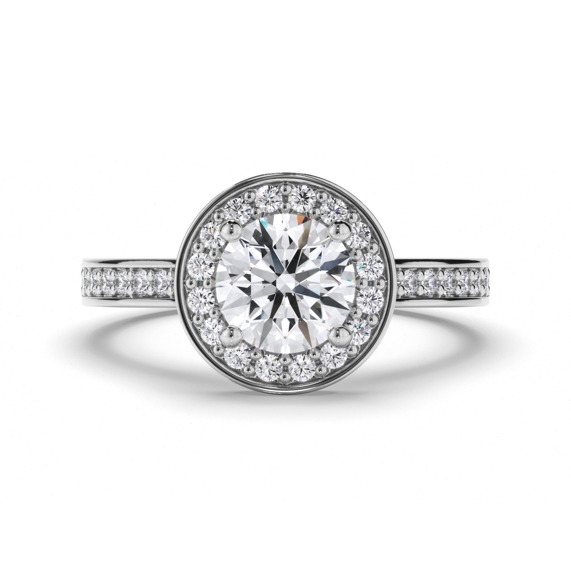 Round Diamond Engagement Ring with Bead Set Halo and Band