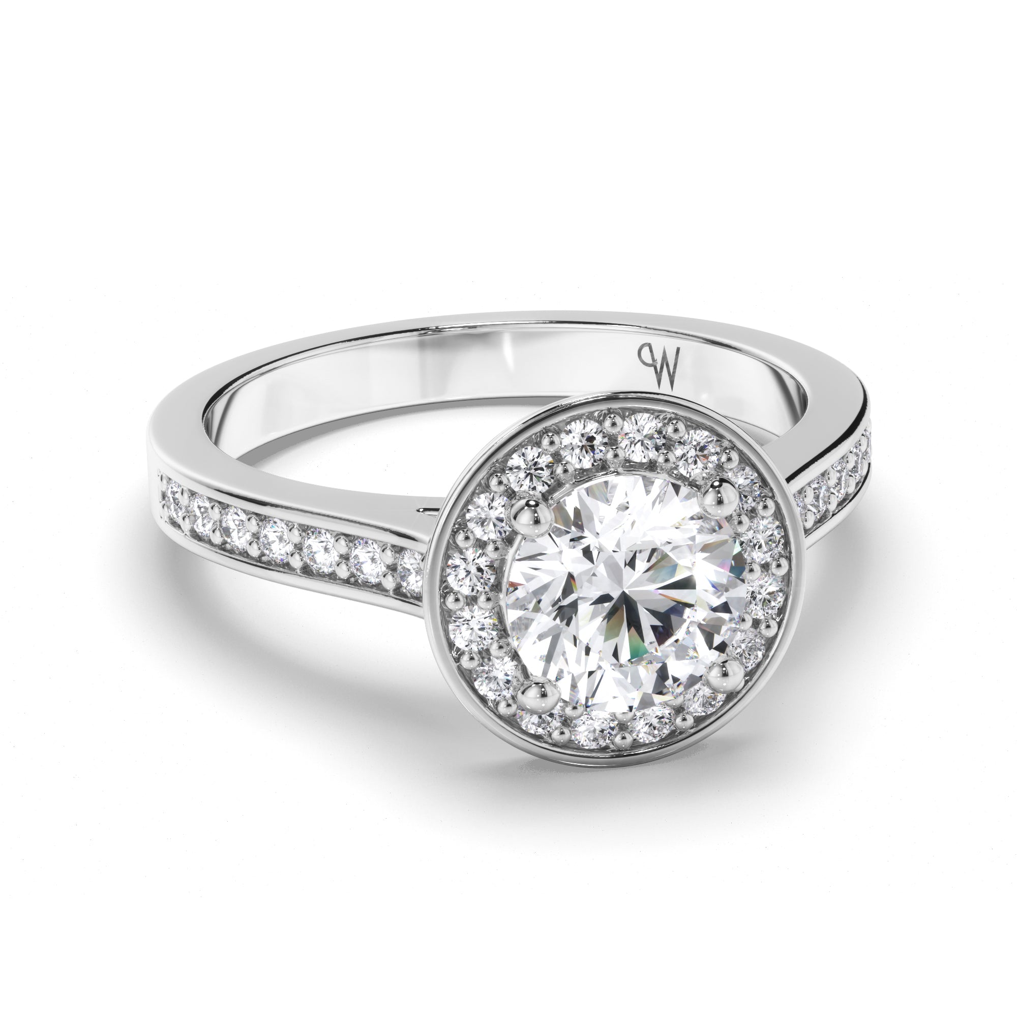 Round Diamond Engagement Ring with Bead Set Halo and Band
