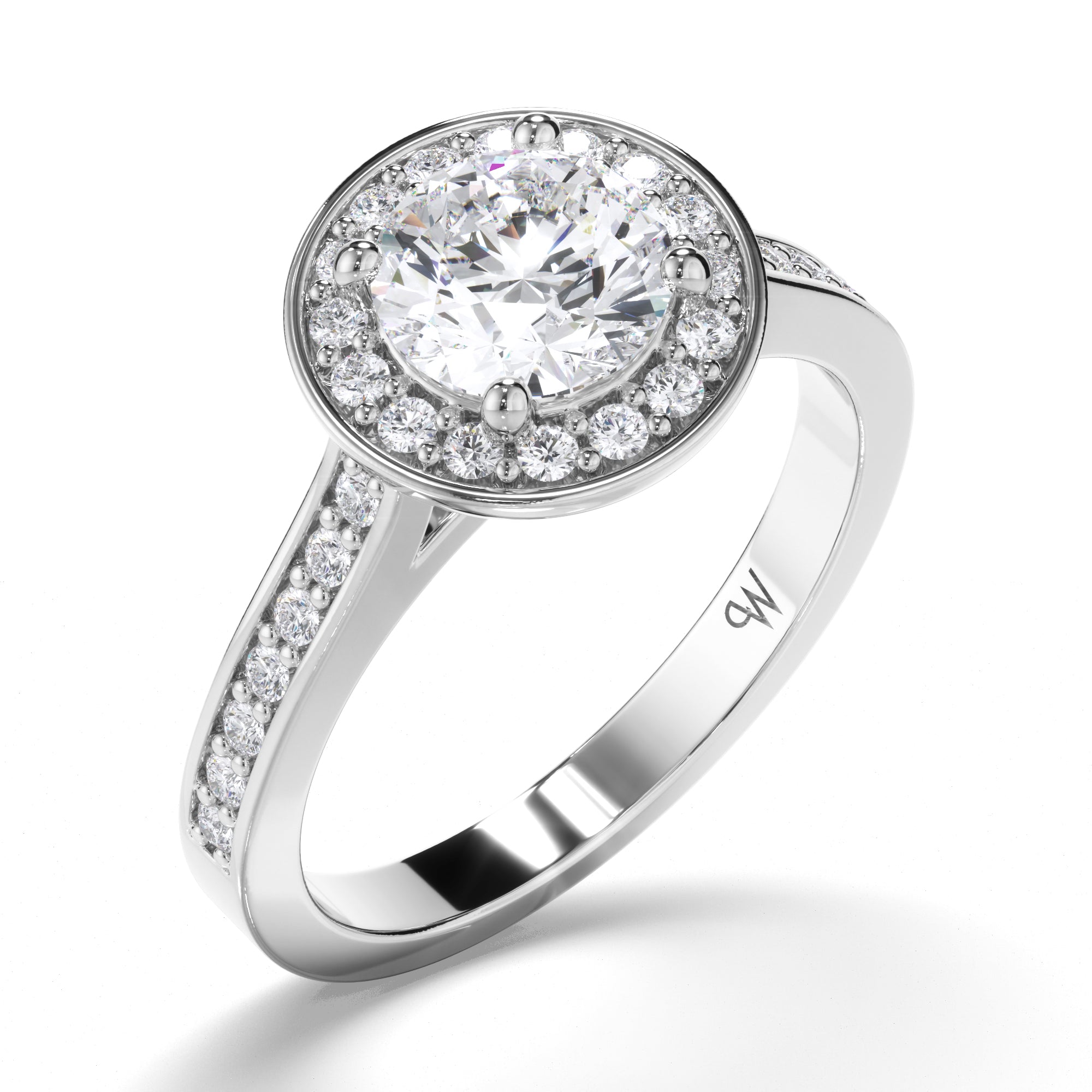 Round Diamond Engagement Ring with Bead Set Halo and Band