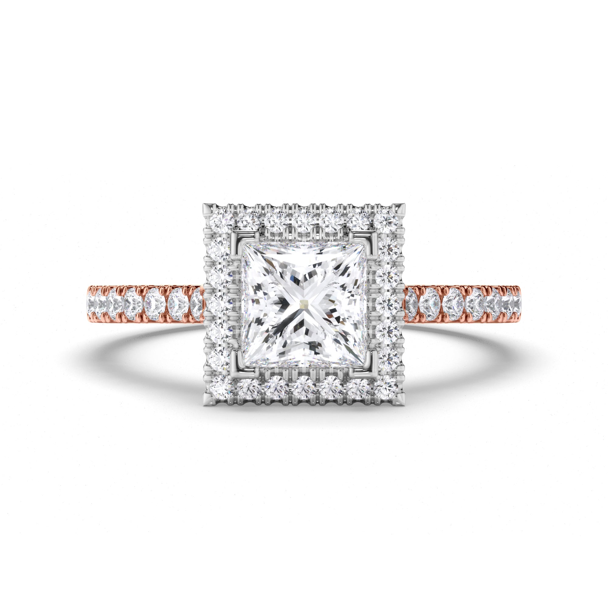 Princess Cut Diamond Engagement Ring with Cut Claw Halo and Band