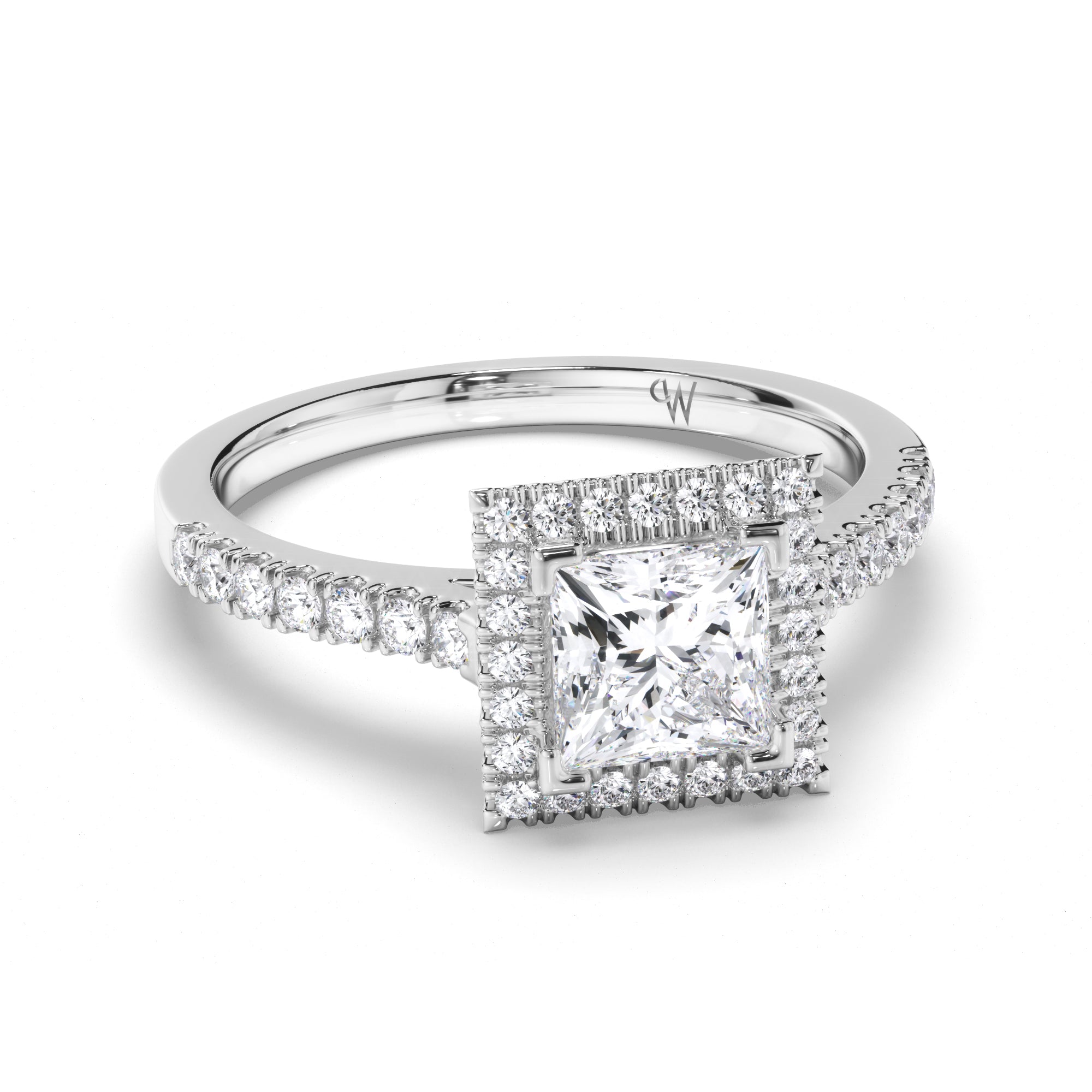 Princess Cut Diamond Engagement Ring with Cut Claw Halo and Band