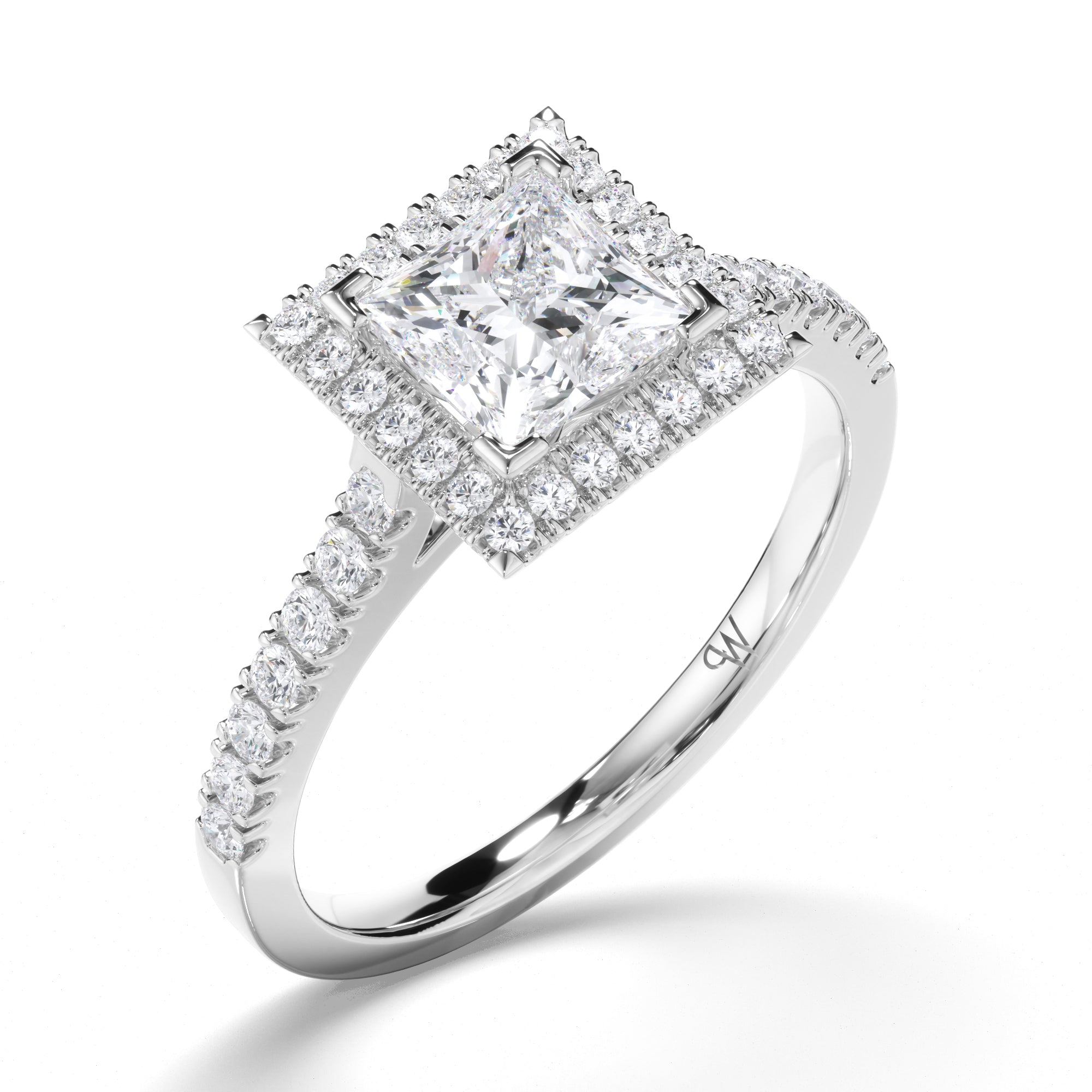Princess Cut Diamond Engagement Ring with Cut Claw Halo and Band