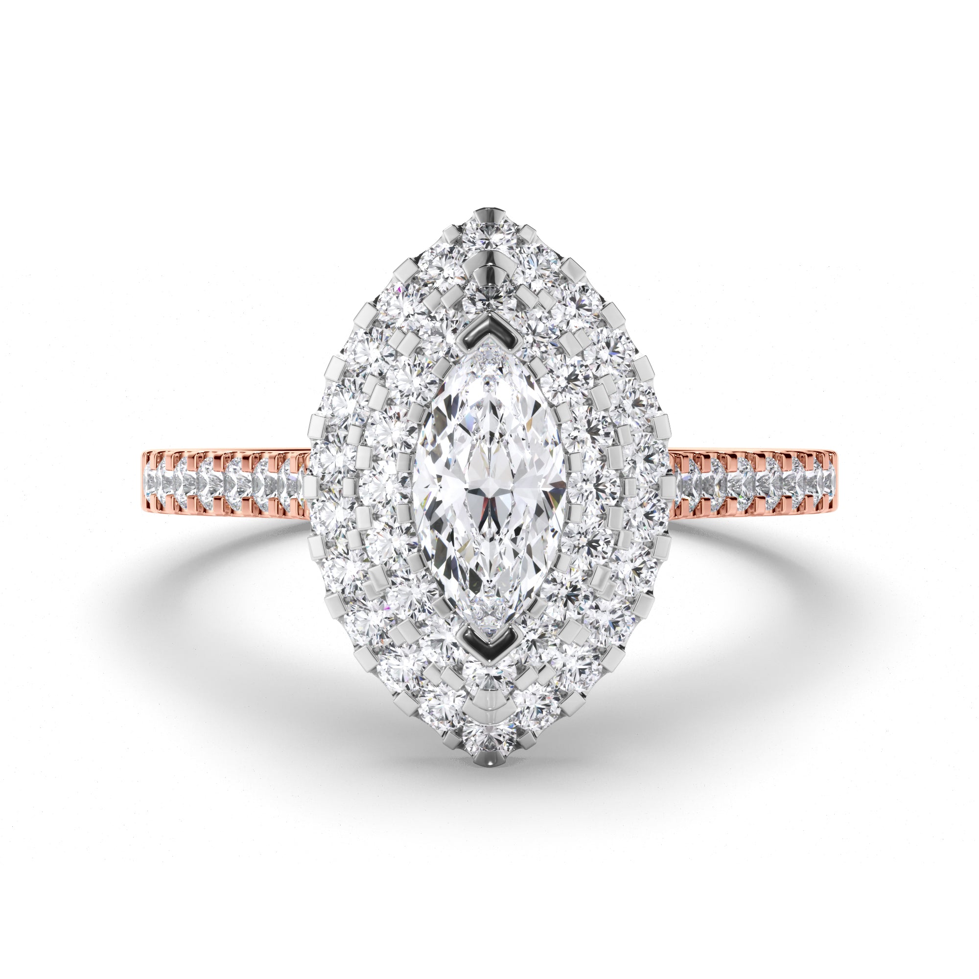 Marquise Diamond Engagement Ring with Double Cut Claw Halo and Diamond Band