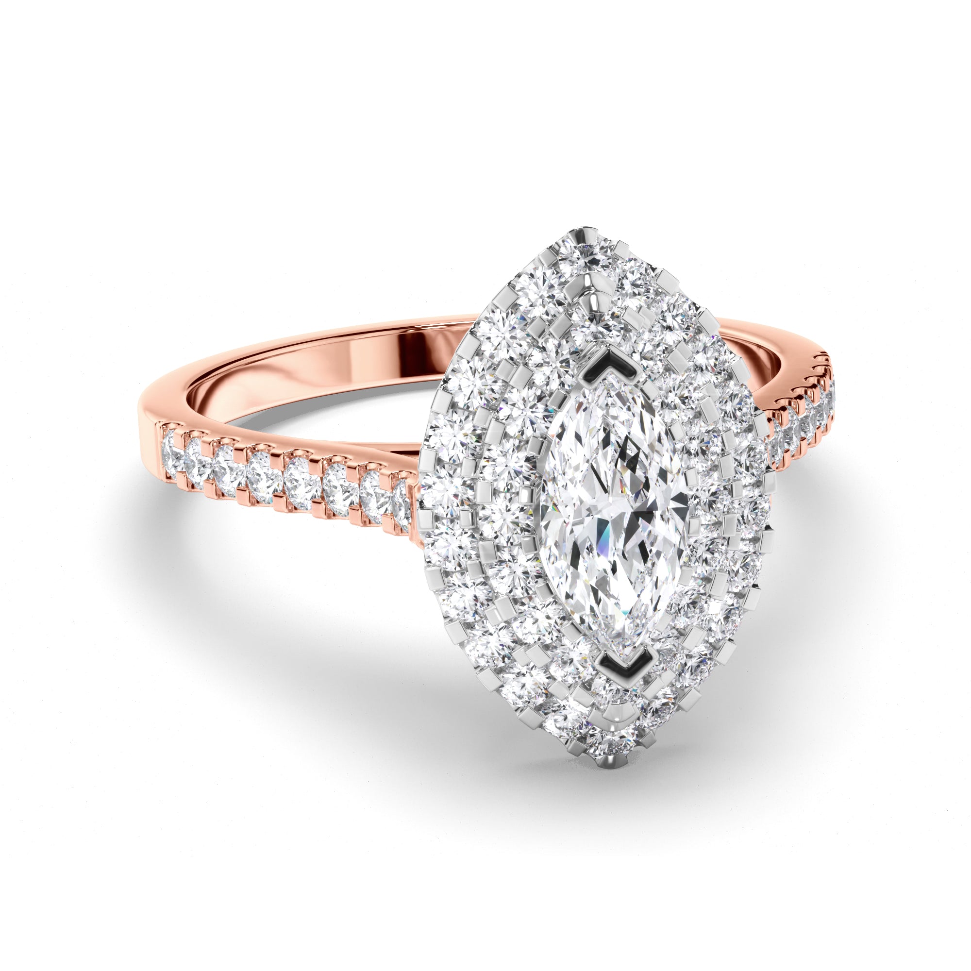 Marquise Diamond Engagement Ring with Double Cut Claw Halo and Diamond Band