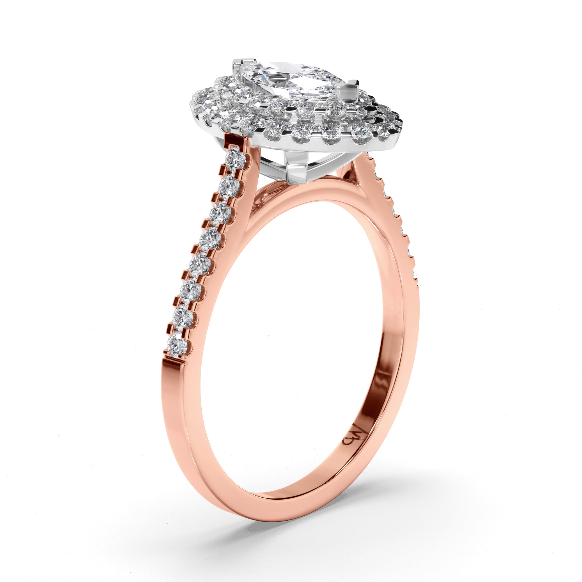 Marquise Diamond Engagement Ring with Double Cut Claw Halo and Diamond Band