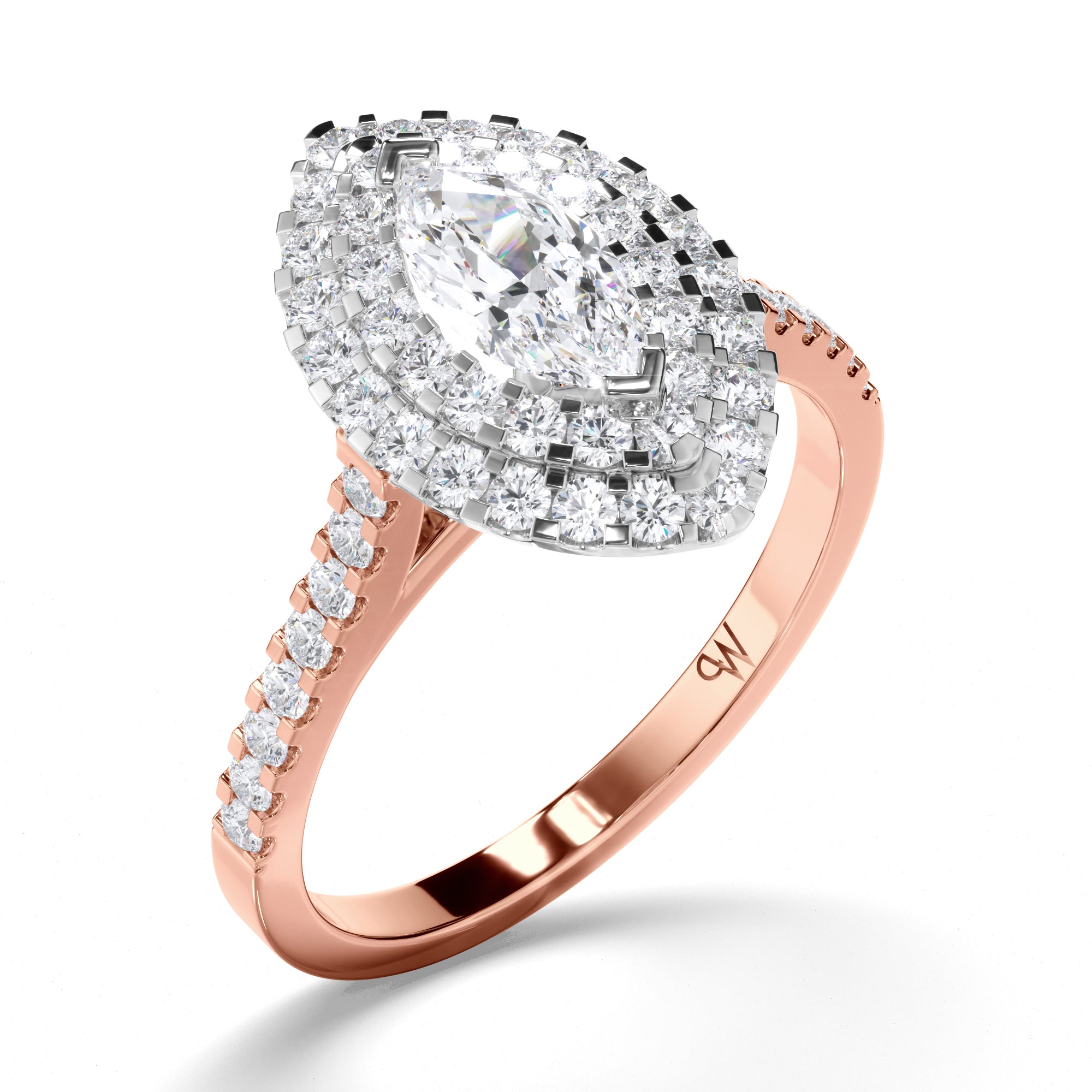 Marquise Diamond Engagement Ring with Double Cut Claw Halo and Diamond Band