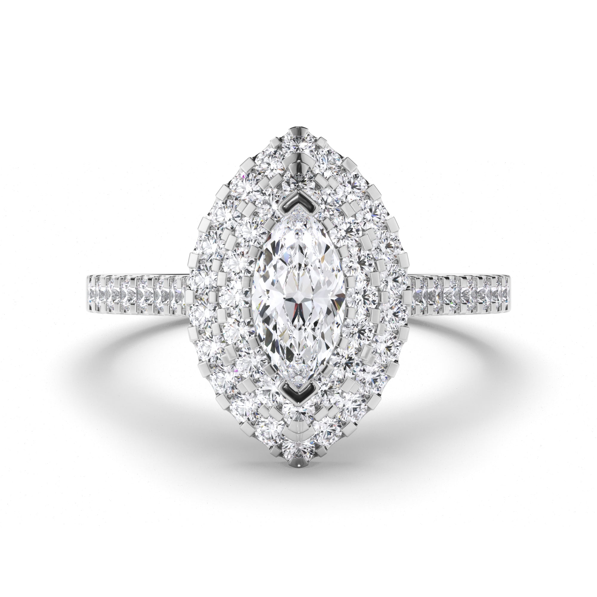 Marquise Diamond Engagement Ring with Double Cut Claw Halo and Diamond Band