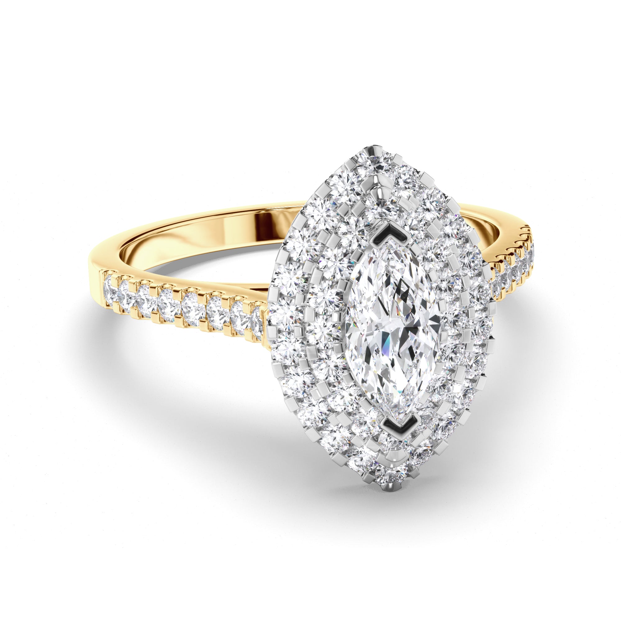 Marquise Diamond Engagement Ring with Double Cut Claw Halo and Diamond Band