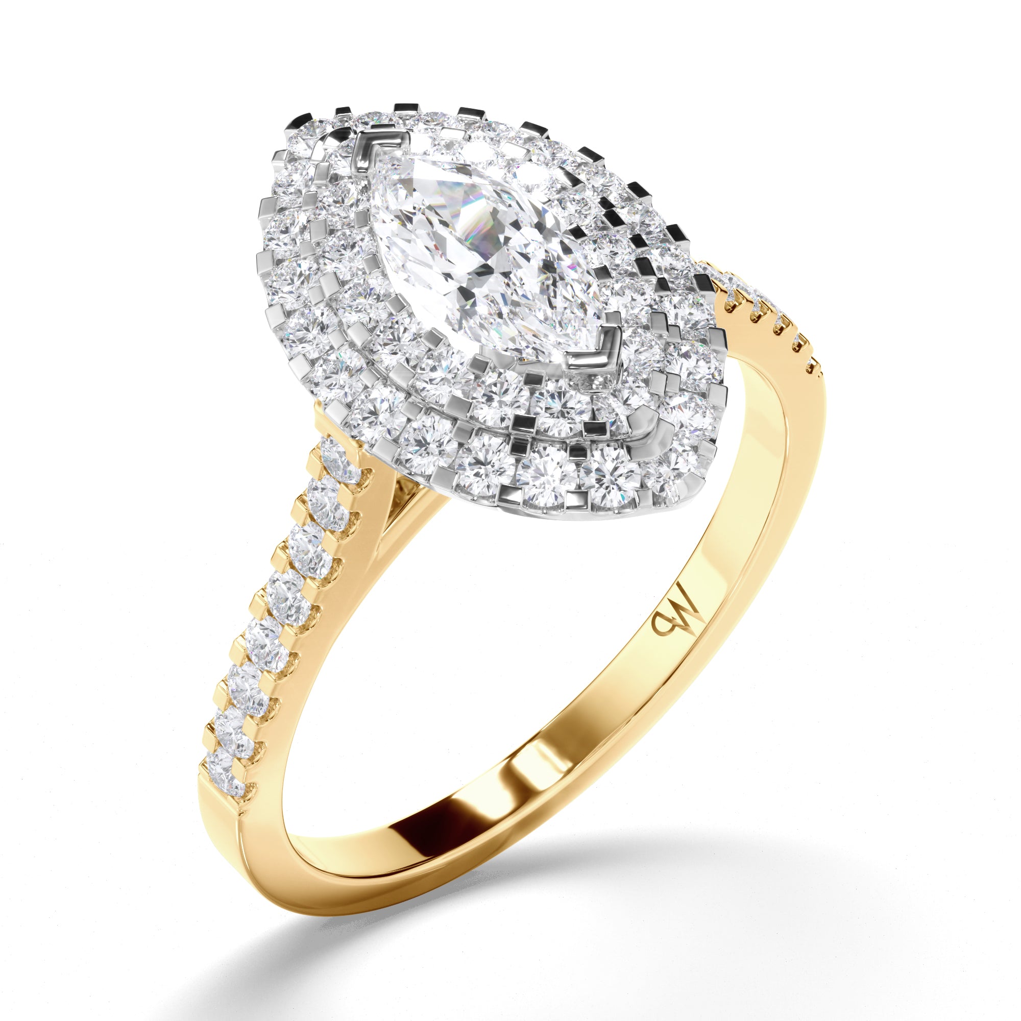 Marquise Diamond Engagement Ring with Double Cut Claw Halo and Diamond Band
