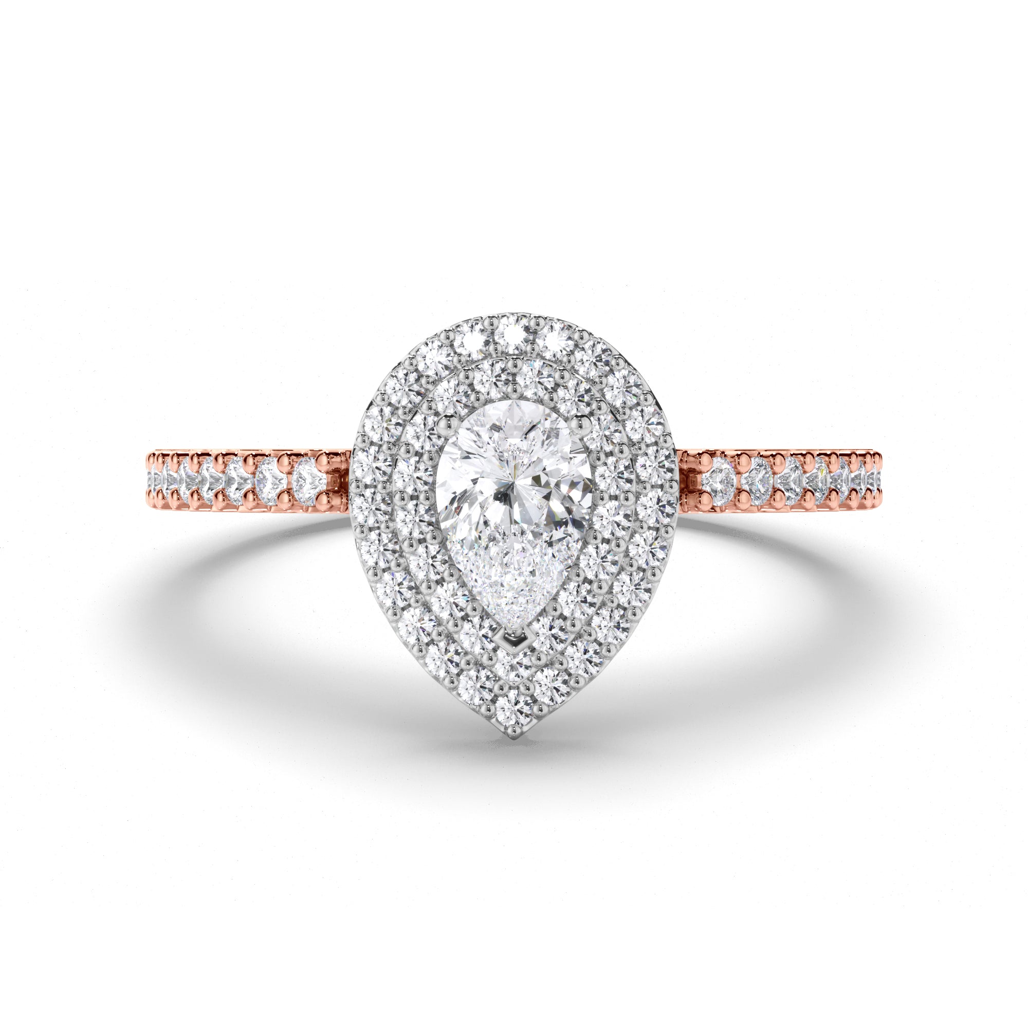 Pear Diamond Engagement Ring with Cut Claw Double Halo and Diamond Band