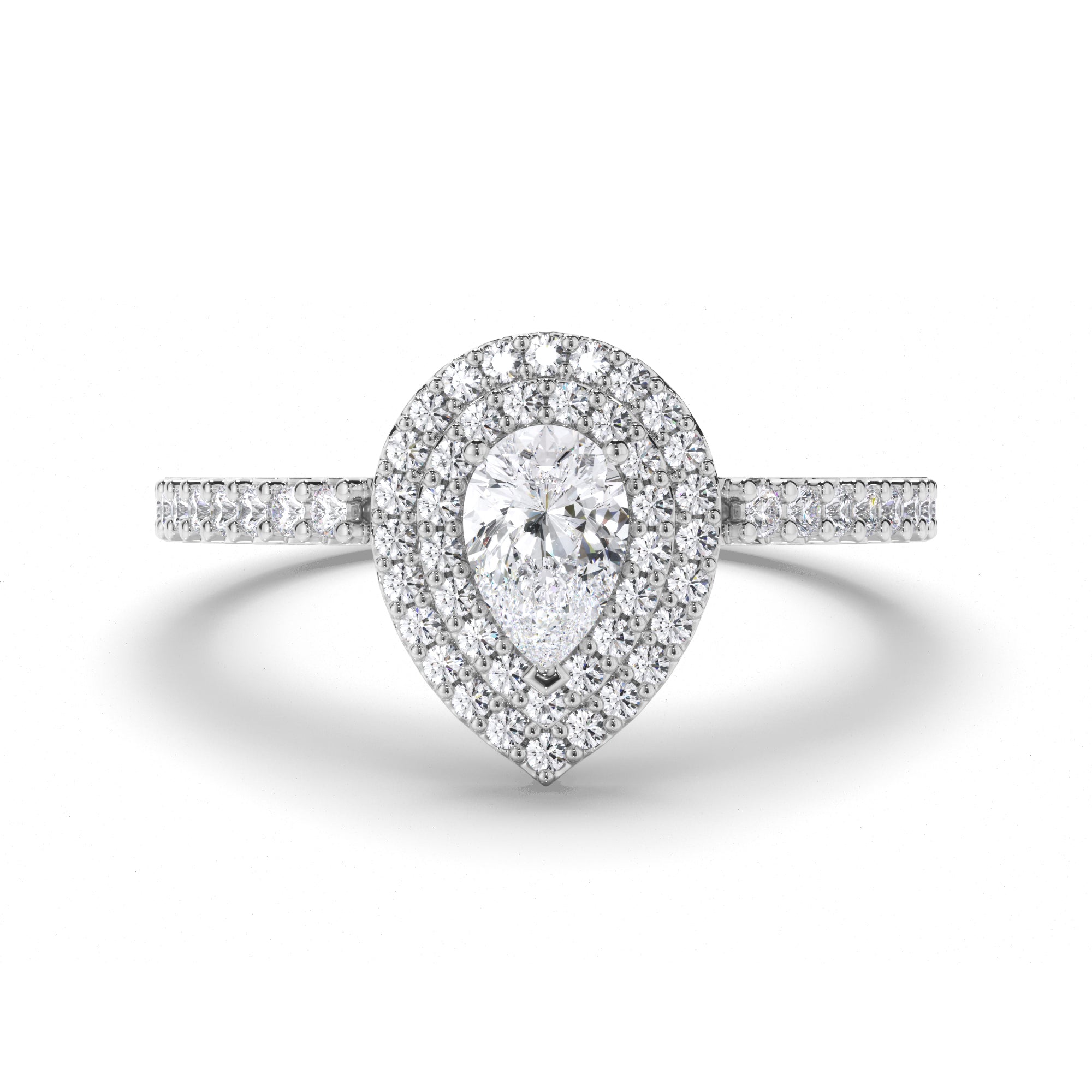 Pear Diamond Engagement Ring with Cut Claw Double Halo and Diamond Band
