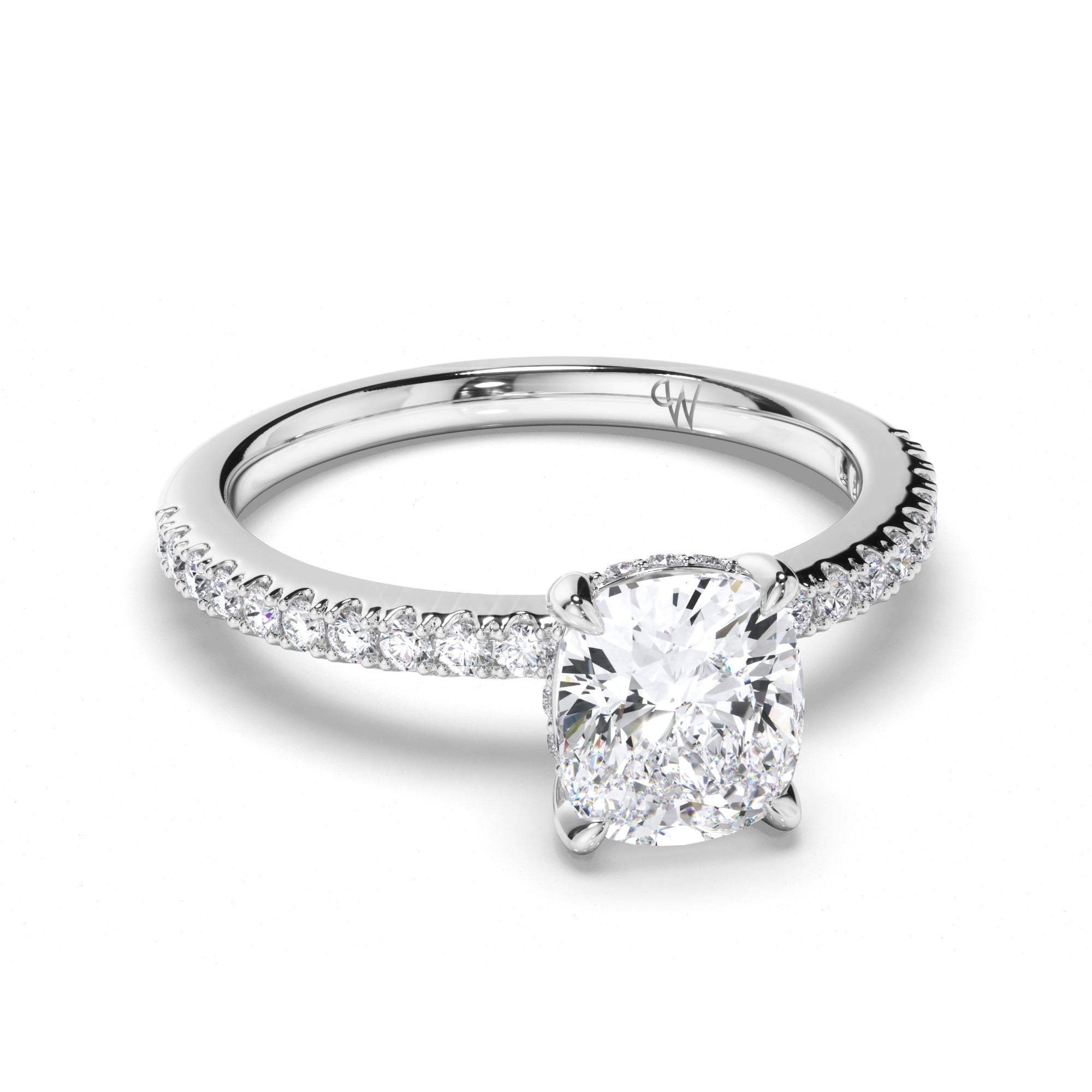 Cushion Diamond Solitaire Engagement Ring with Hidden Halo