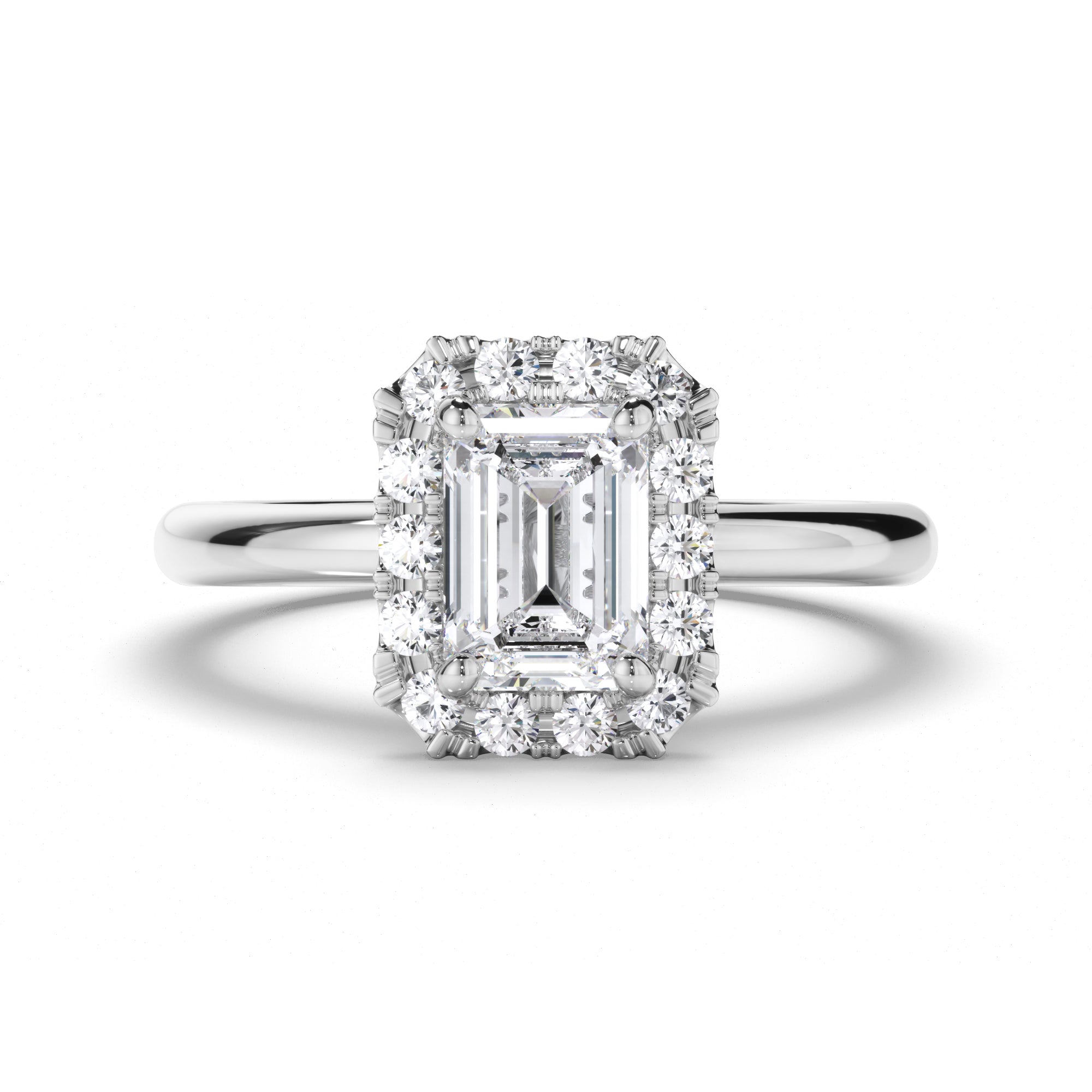 Emerald Cut Diamond Engagement Ring with Cut Claw Diamond Halo