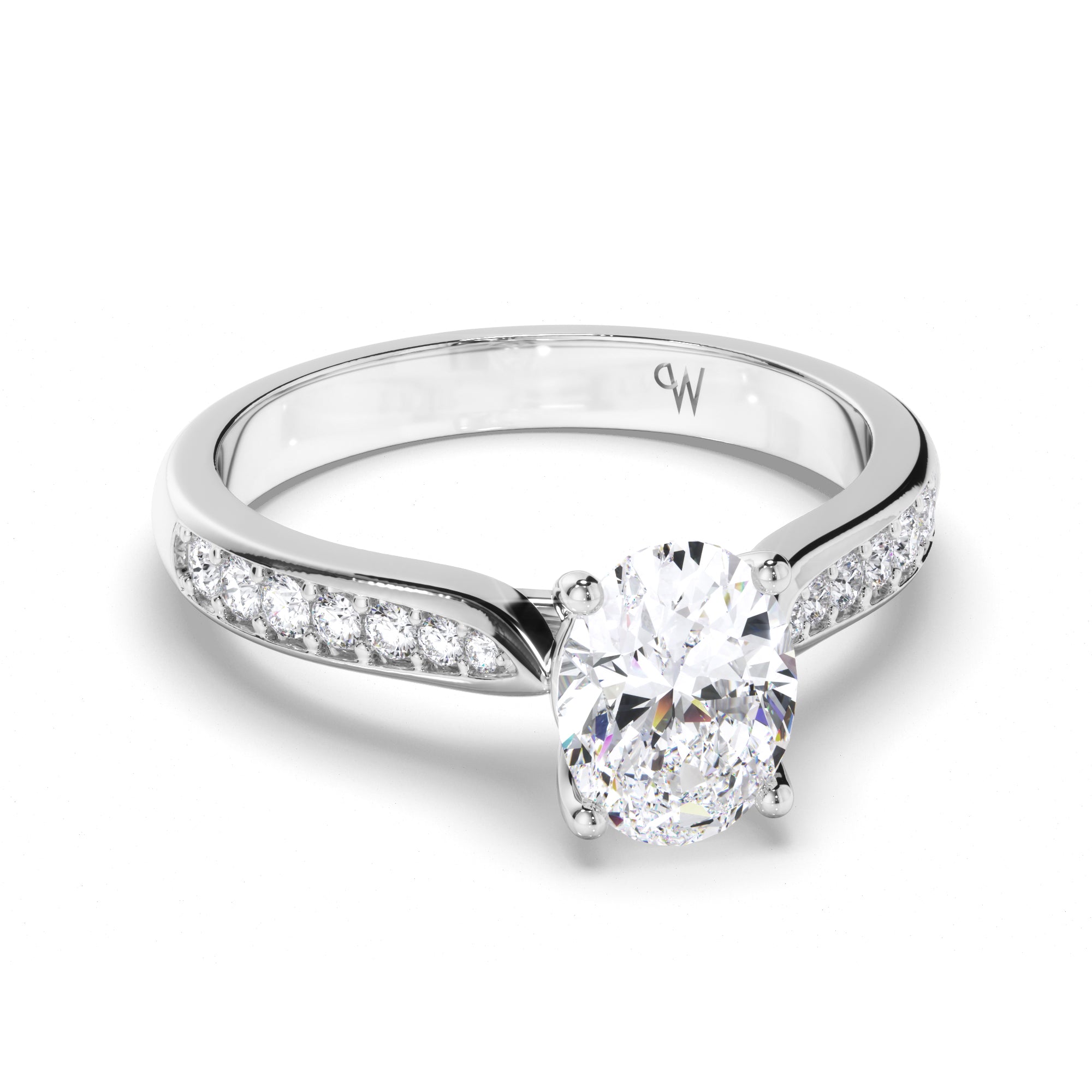 Oval Diamond Engagement Ring with Bead Set Diamond Band