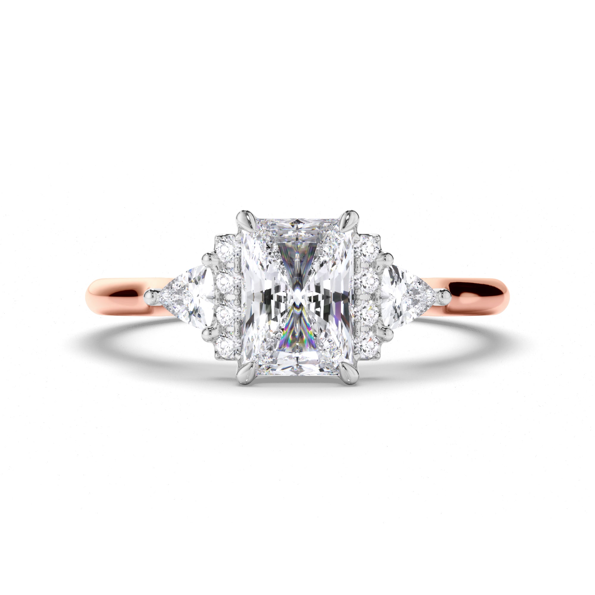 Radiant Diamond Engagement Ring with Diamond Cluster Bar and Trilliant Sides