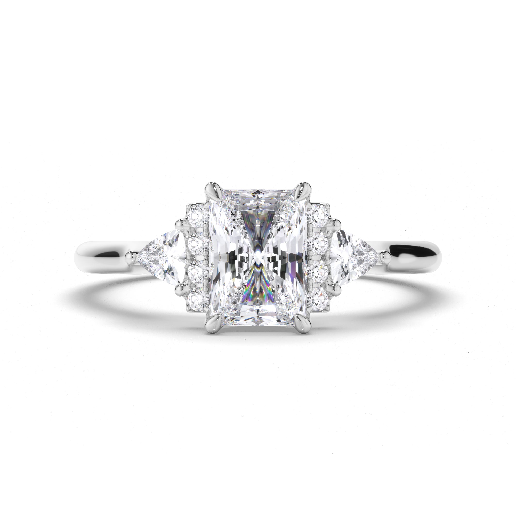 Radiant Diamond Engagement Ring with Diamond Cluster Bar and Trilliant Sides