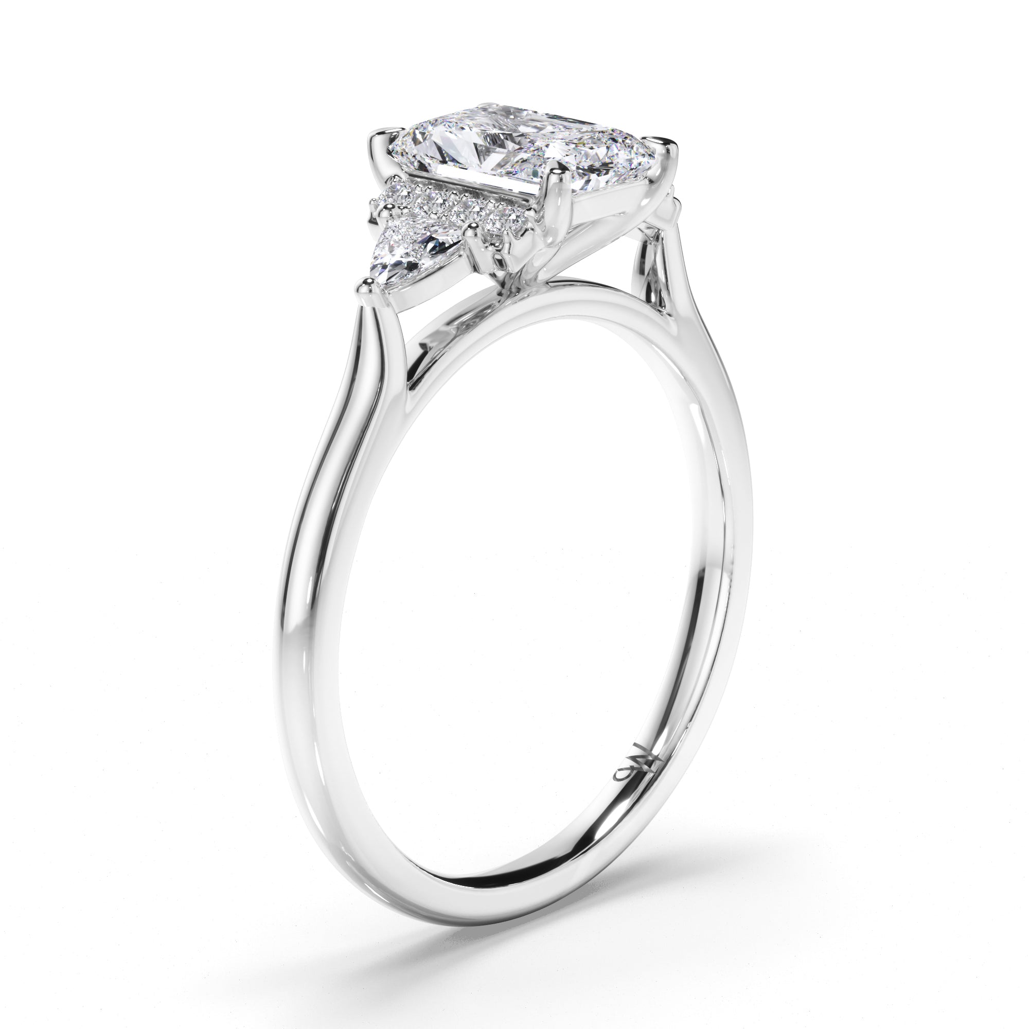 Radiant Diamond Engagement Ring with Diamond Cluster Bar and Trilliant Sides