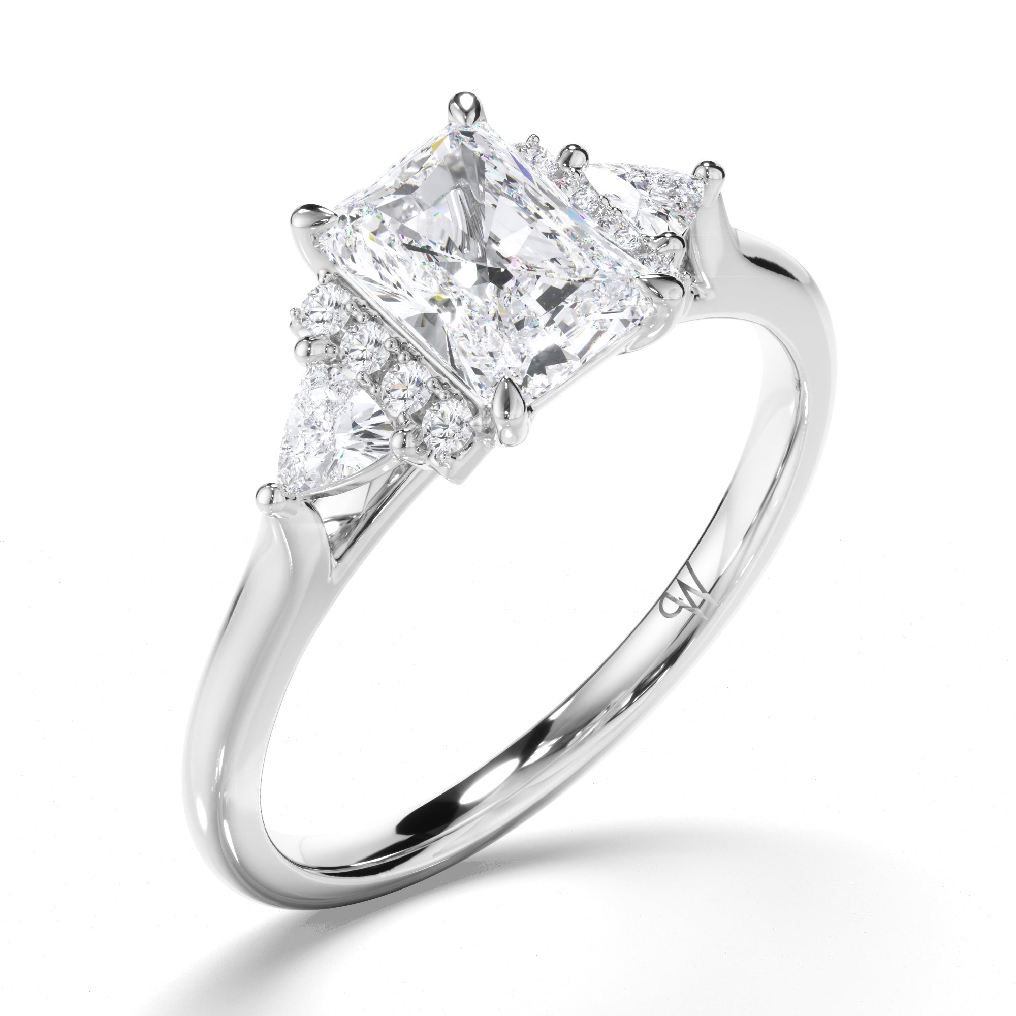 Radiant Diamond Engagement Ring with Diamond Cluster Bar and Trilliant Sides