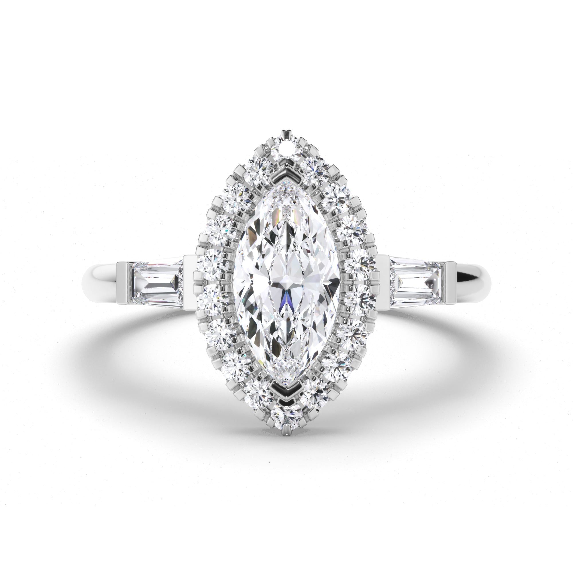 Marquise Diamond Engagement Ring with Halo and Baguette Sides